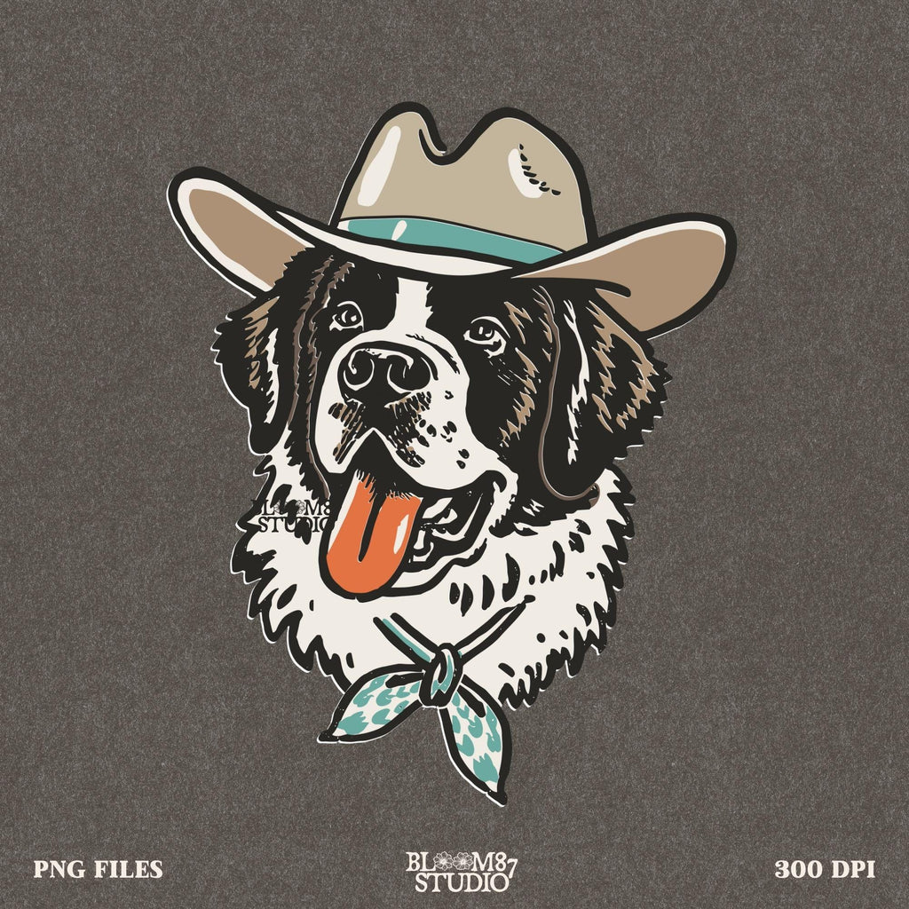 Vintage ranch dog illustration with a Saint Bernard in cowboy gear, perfect for sublimation and Western decor.