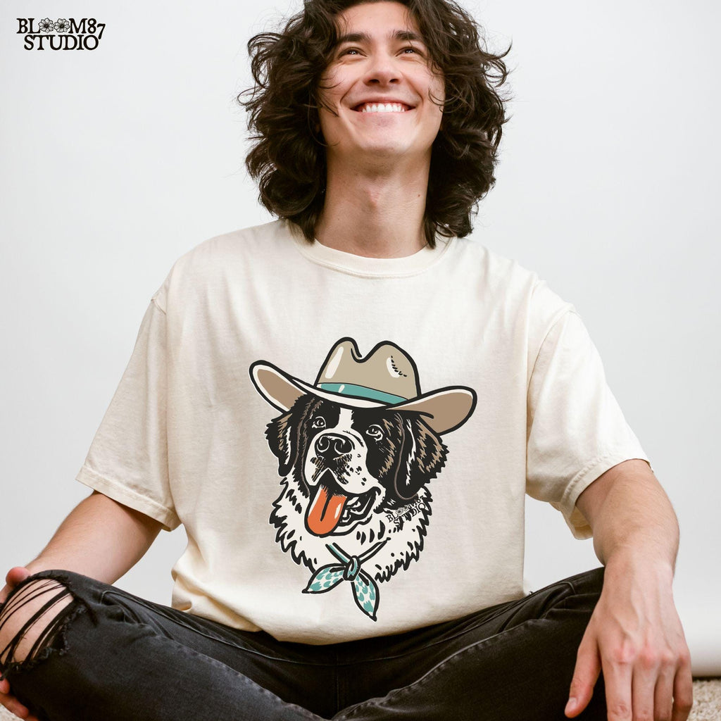Cowboy dog vector PNG with a Saint Bernard in a hat and bandana, great for country living fans.