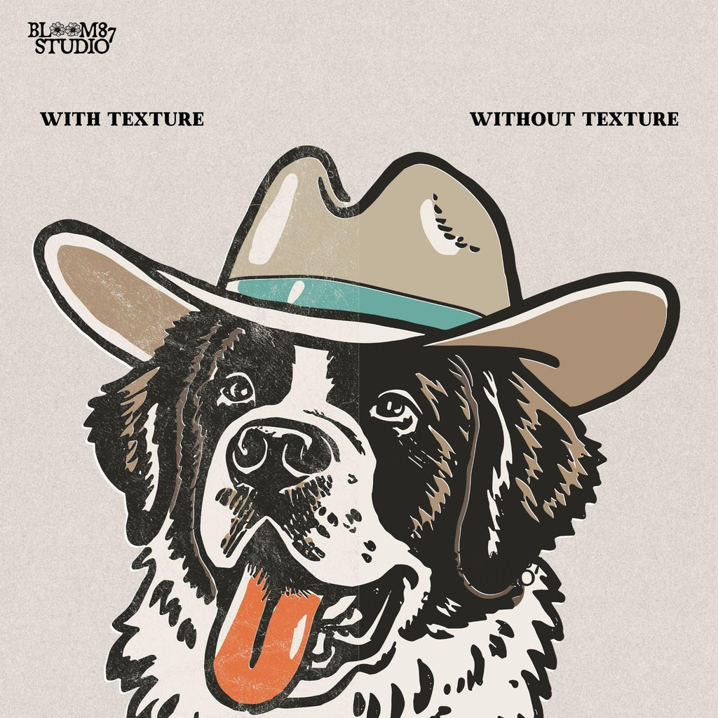 Western Saint Bernard PNG for t-shirts, stickers, and rodeo-themed gifts, ideal for farm and ranch lovers.