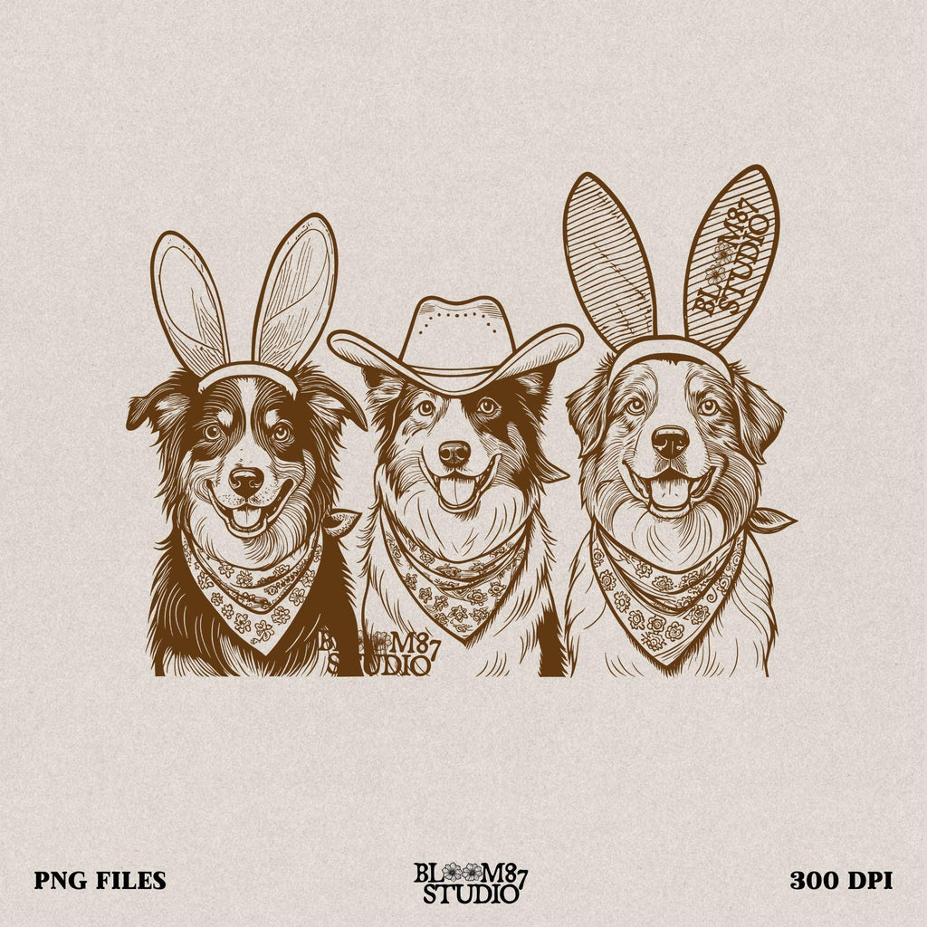 Cowboy and Easter-themed Australian Shepherd PNG for t-shirts, stickers, and Western fashion fans.