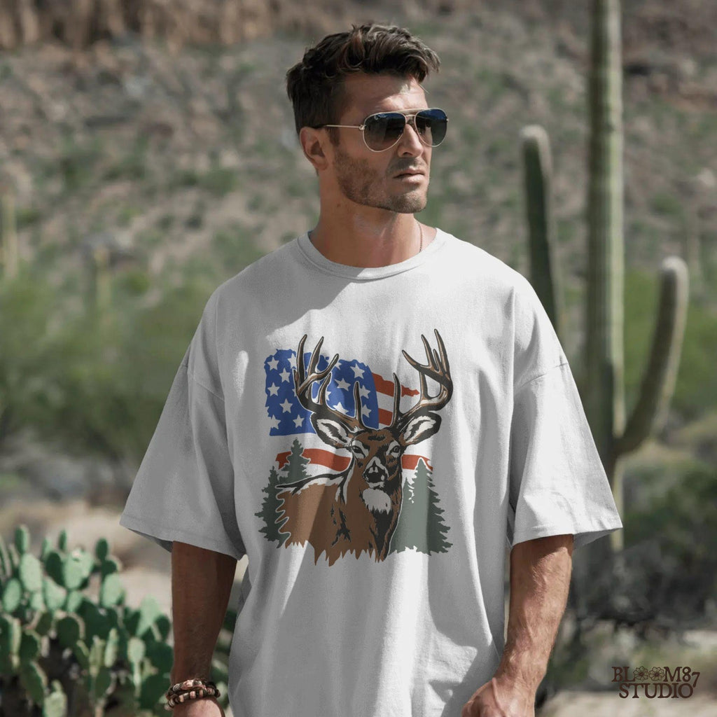 hunter usa shirt png, patriotic deer hunter art, camo and flag clipart, wildlife with flag design, deer head sublimation, july 4th outdoors png, forest buck design, printable rugged american file