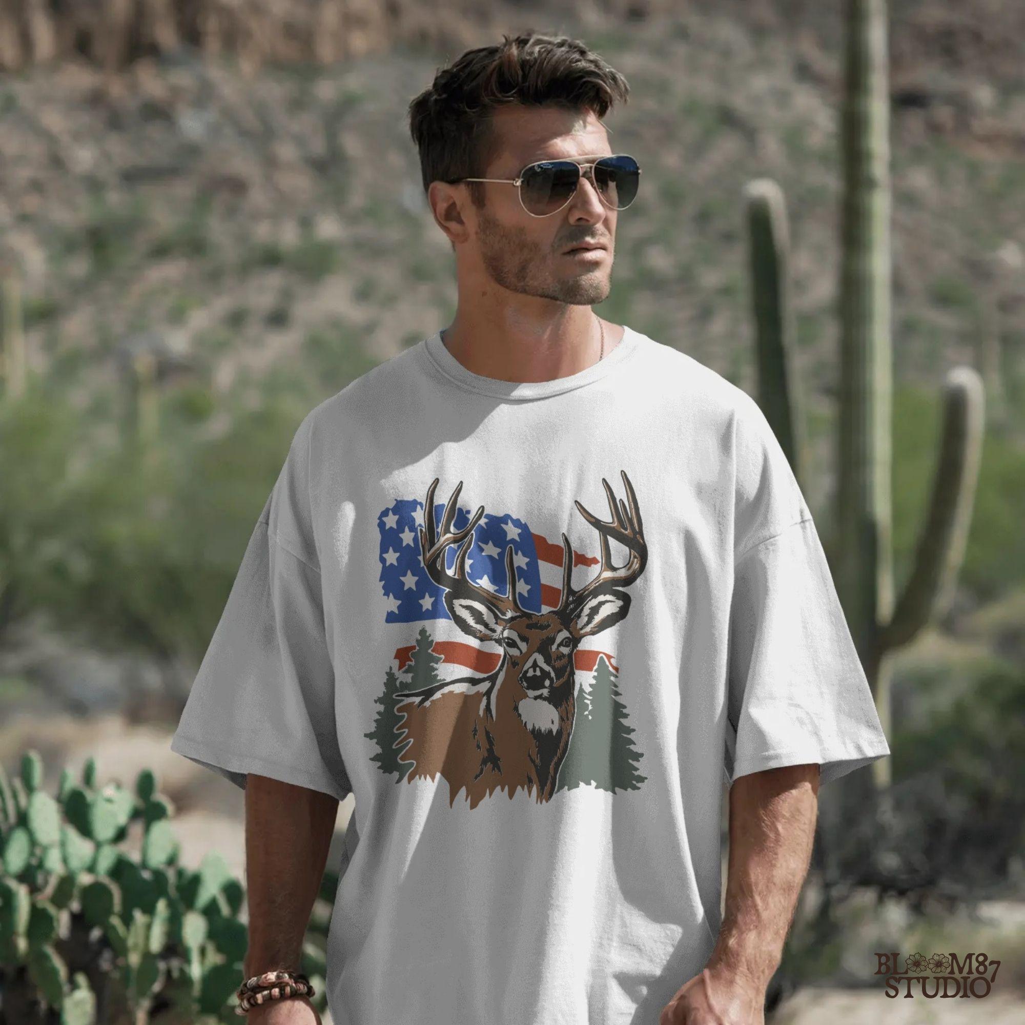 hunter usa shirt png, patriotic deer hunter art, camo and flag clipart, wildlife with flag design, deer head sublimation, july 4th outdoors png, forest buck design, printable rugged american file