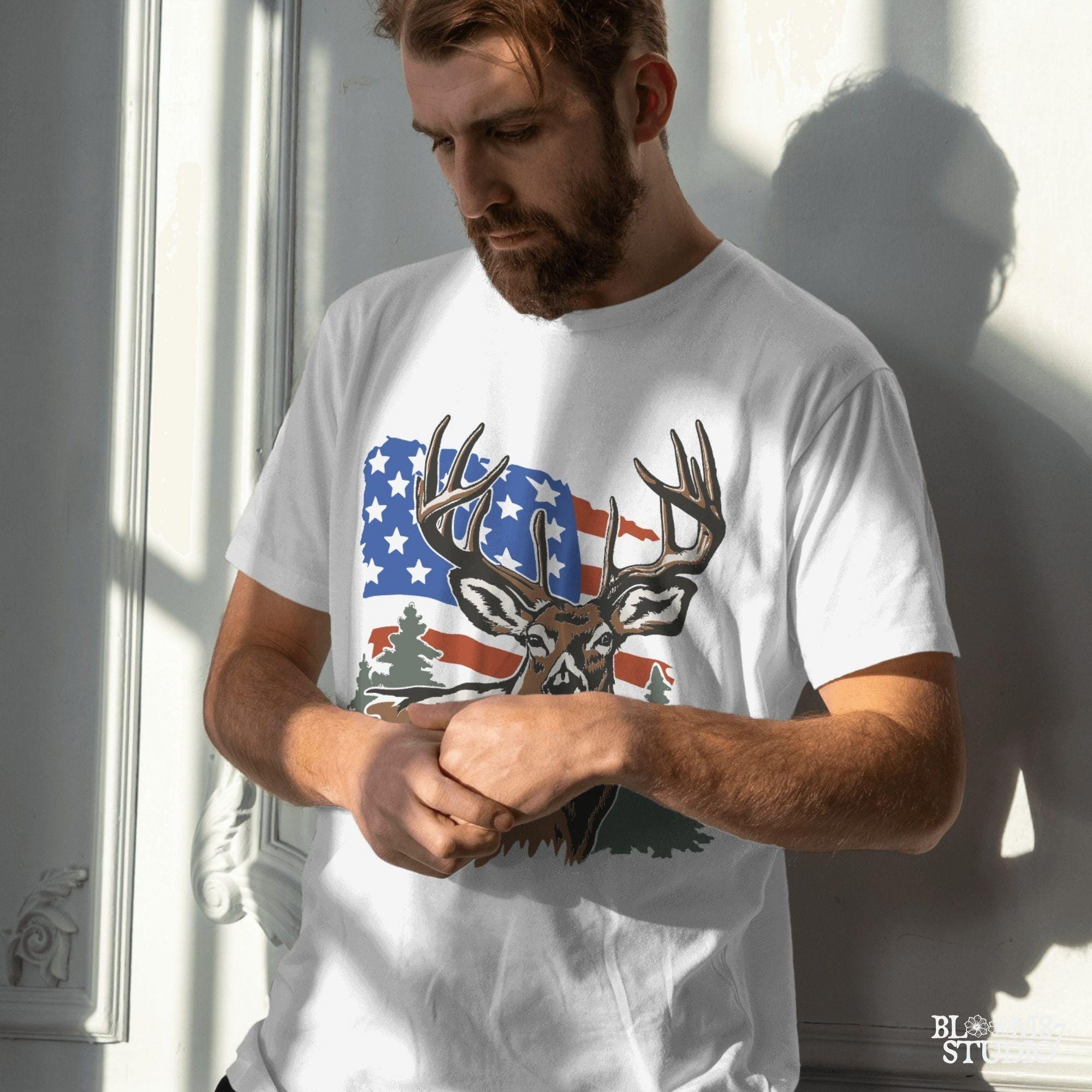 forest deer and flag, digital fourth of july graphic, wild outdoorsman png, american backwoods shirt art, deer with stars and stripes, camo lifestyle art, rustic patriot design png, wild buck freedom art