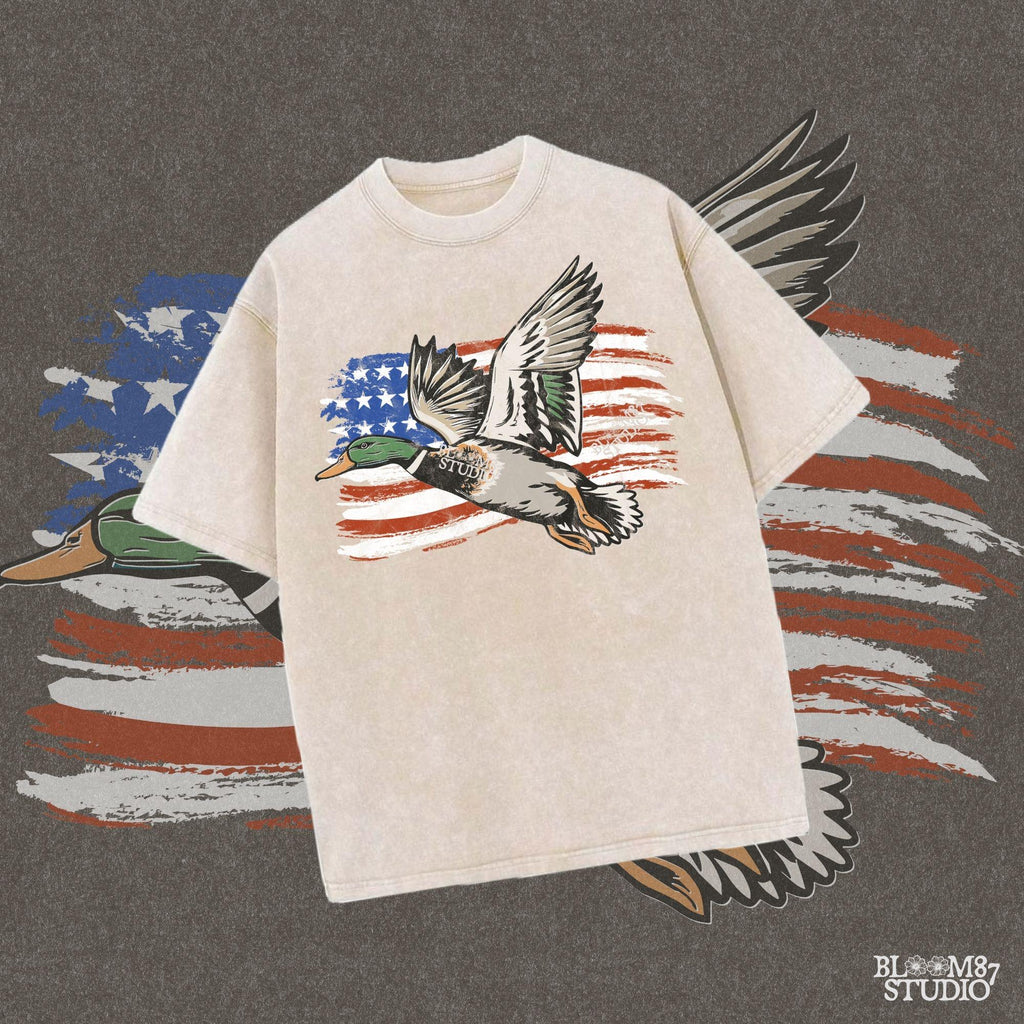 american flag bird design, duck hunter shirt png, wildlife with flag art, rustic patriotic wildlife, printable country hunter graphic, mallard and stars png, americana duck file, waterfowl pride shirt art