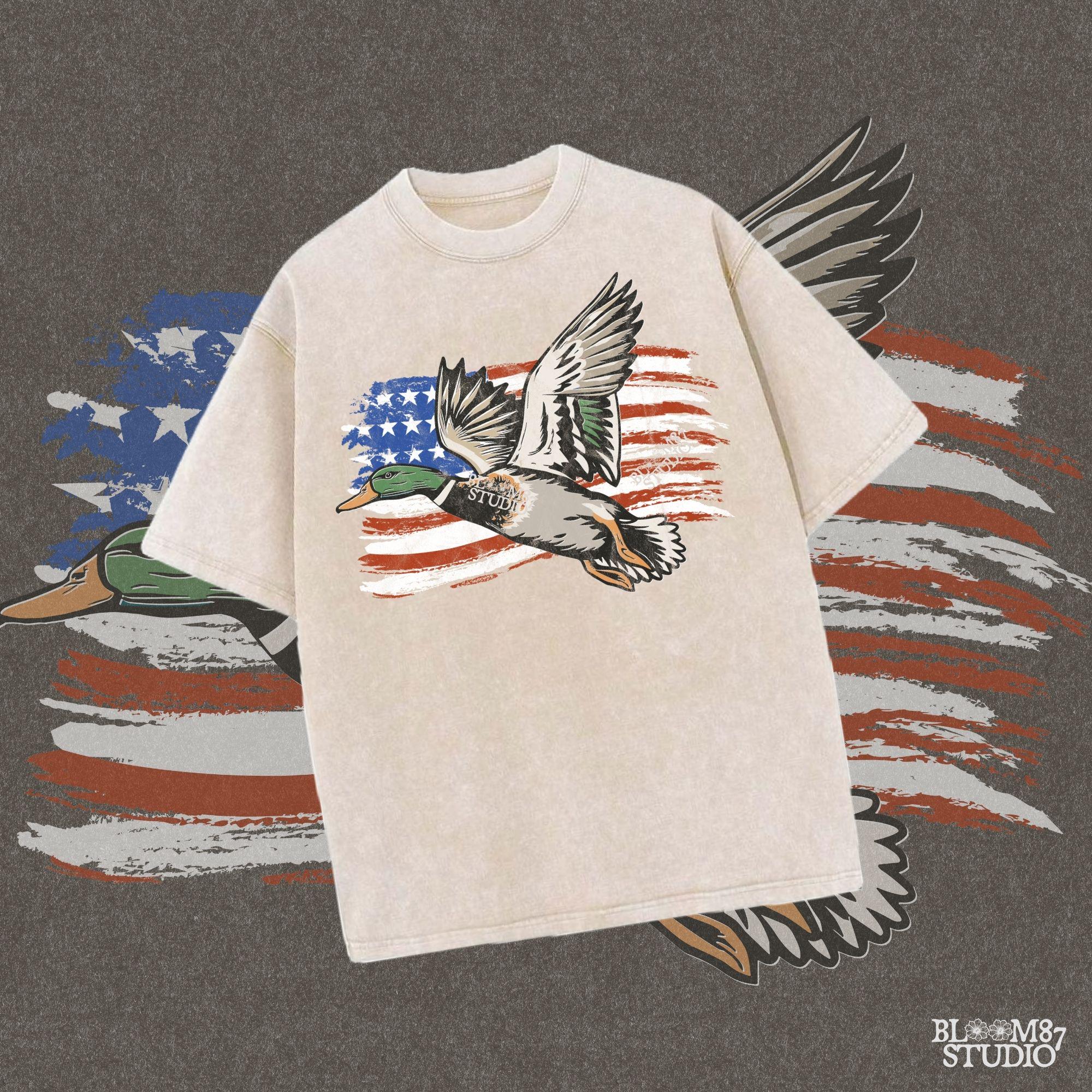 american flag bird design, duck hunter shirt png, wildlife with flag art, rustic patriotic wildlife, printable country hunter graphic, mallard and stars png, americana duck file, waterfowl pride shirt art