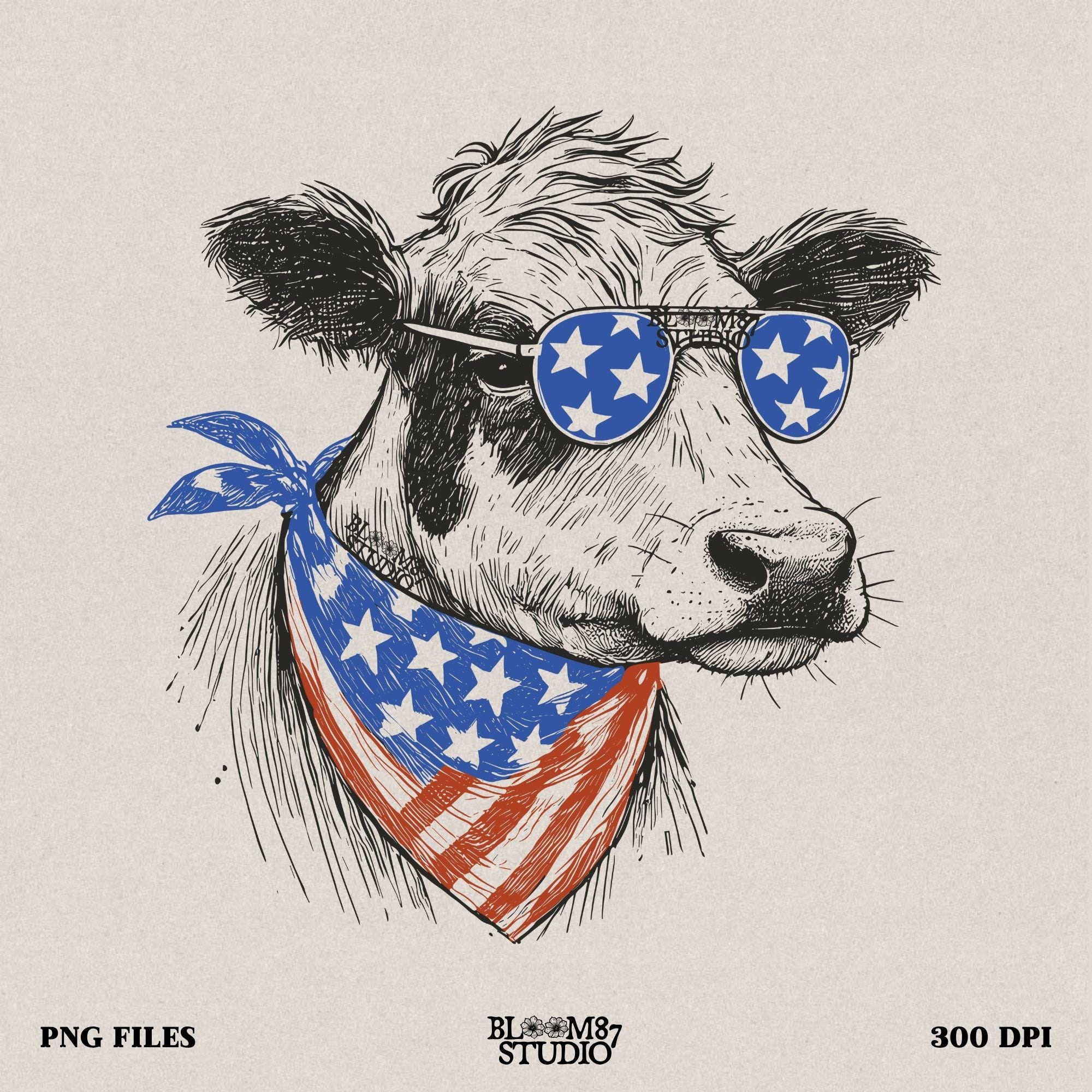Patriotic Cow PNG, 4th of July Cow Sublimation, American Flag Bandana Design, Farm Shirt PNG, Country Western USA,American Vintage Cow Print