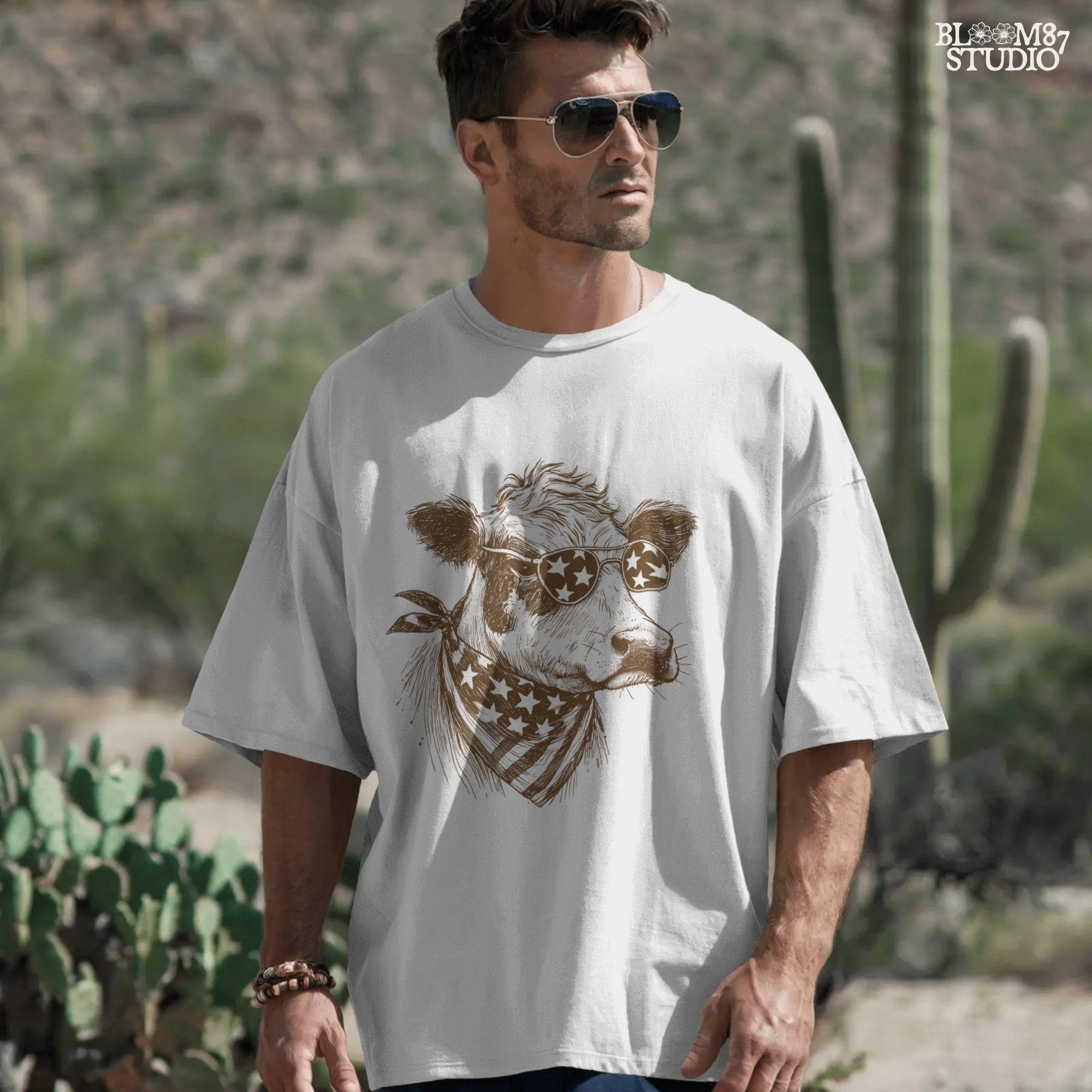 Patriotic Cow PNG, 4th of July Cow Sublimation, American Flag Bandana Design, Farm Shirt PNG, Country Western USA,American Vintage Cow Print