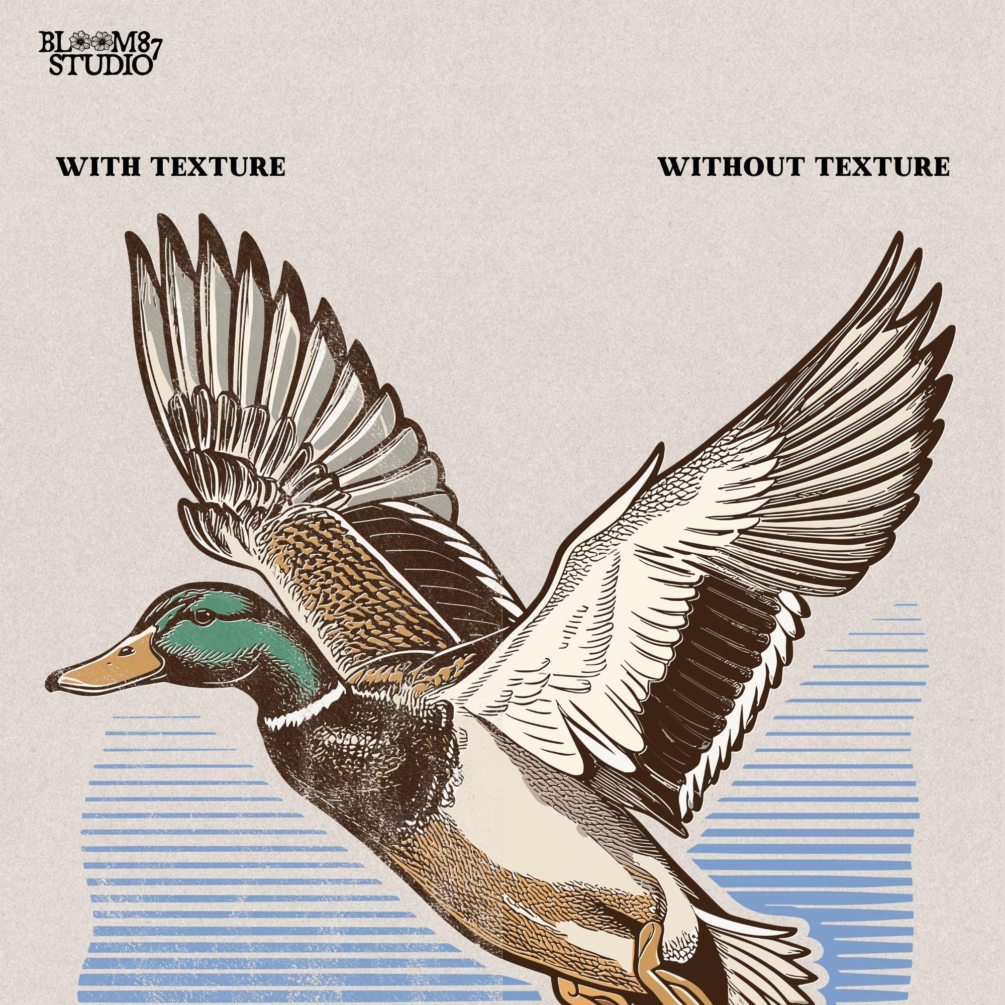 Mallard duck hunting PNG, birdwatching gift design, nature wildlife PNG, classic mallard flying image, retro duck art for apparel, duck call shirt graphic, beautiful feather detail digital file, duck soaring above water line, outdoor sporting printable
