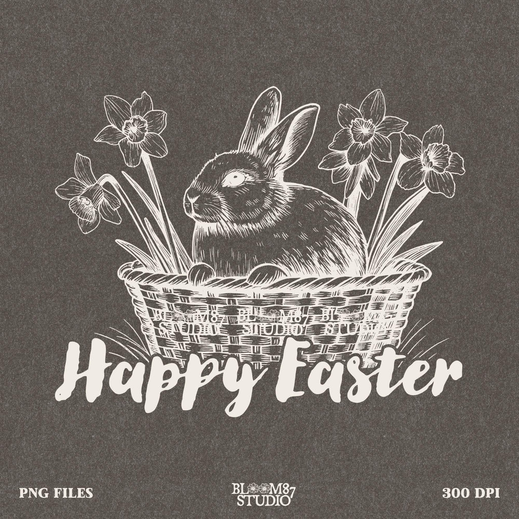Bunny clip art PNG, floral bunny sublimation, rabbit in woven basket digital, happy Easter bunny image, spring rabbit graphic file, high-res bunny PNG, daffodil Easter bunny shirt design, vintage style bunny art, rabbit decor