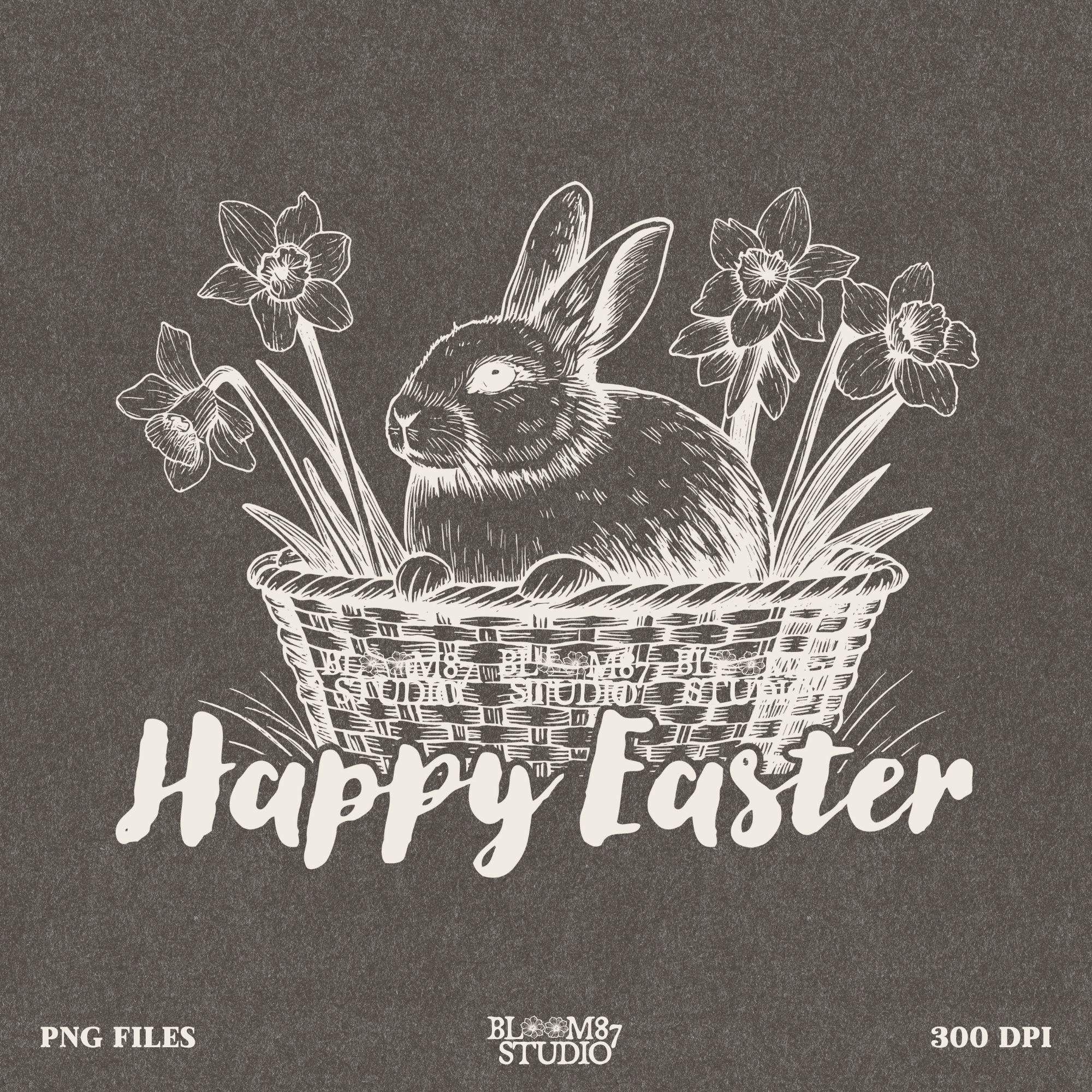 Bunny clip art PNG, floral bunny sublimation, rabbit in woven basket digital, happy Easter bunny image, spring rabbit graphic file, high-res bunny PNG, daffodil Easter bunny shirt design, vintage style bunny art, rabbit decor