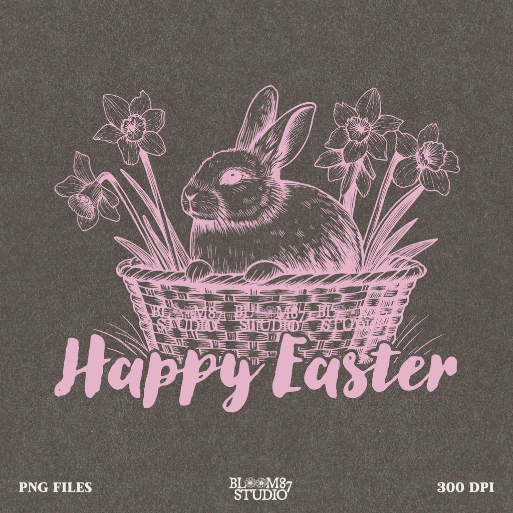 Digital Easter bunny, bunny in basket clip art, spring bunny sublimation design, happy Easter rabbit download, floral bunny shirt PNG, vintage holiday bunny art, daffodil flower bunny, Easter animal sublimation