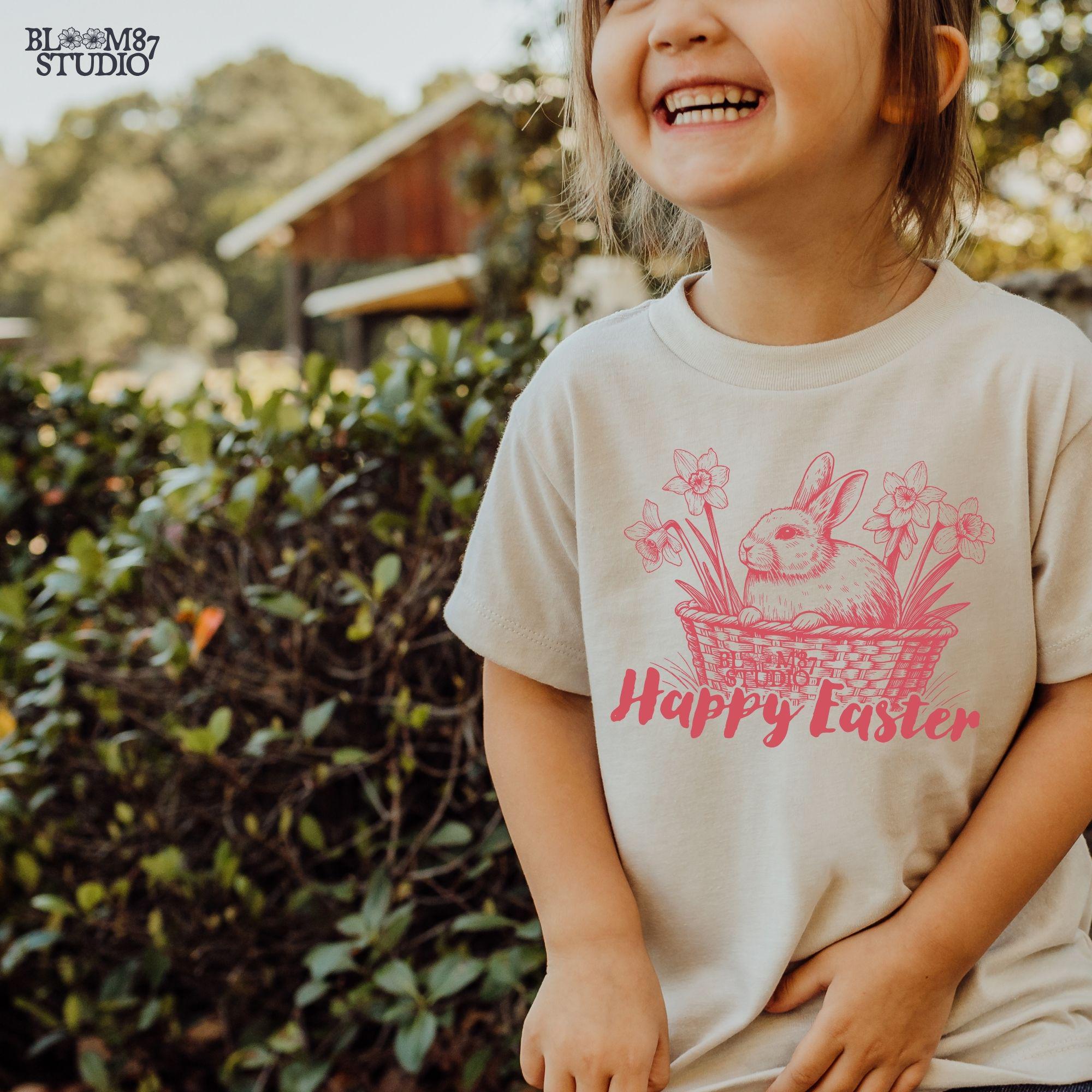 Vintage bunny spring clip, Easter rabbit printable, daffodils and bunny PNG, bunny in woven basket digital art, Easter season PNG file, shirt sublimation rabbit, animal and flower PNG art