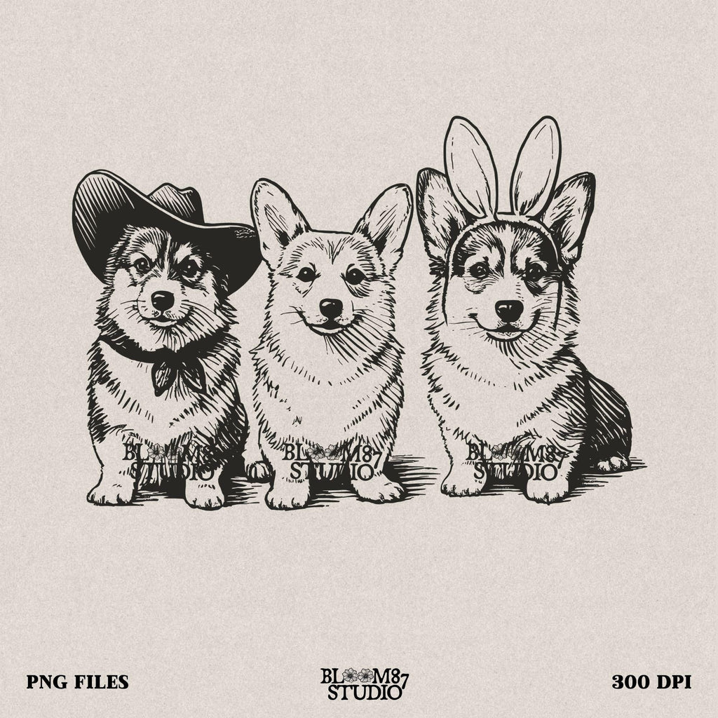 Corgi PNG, corgi bunny ears digital file, cowboy corgi illustration, cute dog trio PNG, corgi shirt sublimation, Easter corgi graphic, funny corgi dog download, pet dog Easter PNG, corgi ears hat artwork