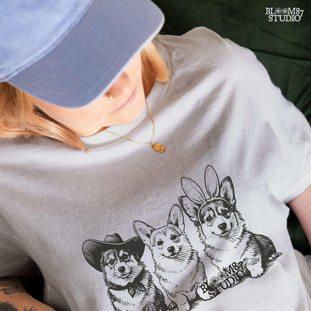 Cowboy bunny corgi PNG, adorable dog design, printable corgi trio, cute pets download file, transparent background dog PNG, Western spring corgis, corgi lovers Easter download