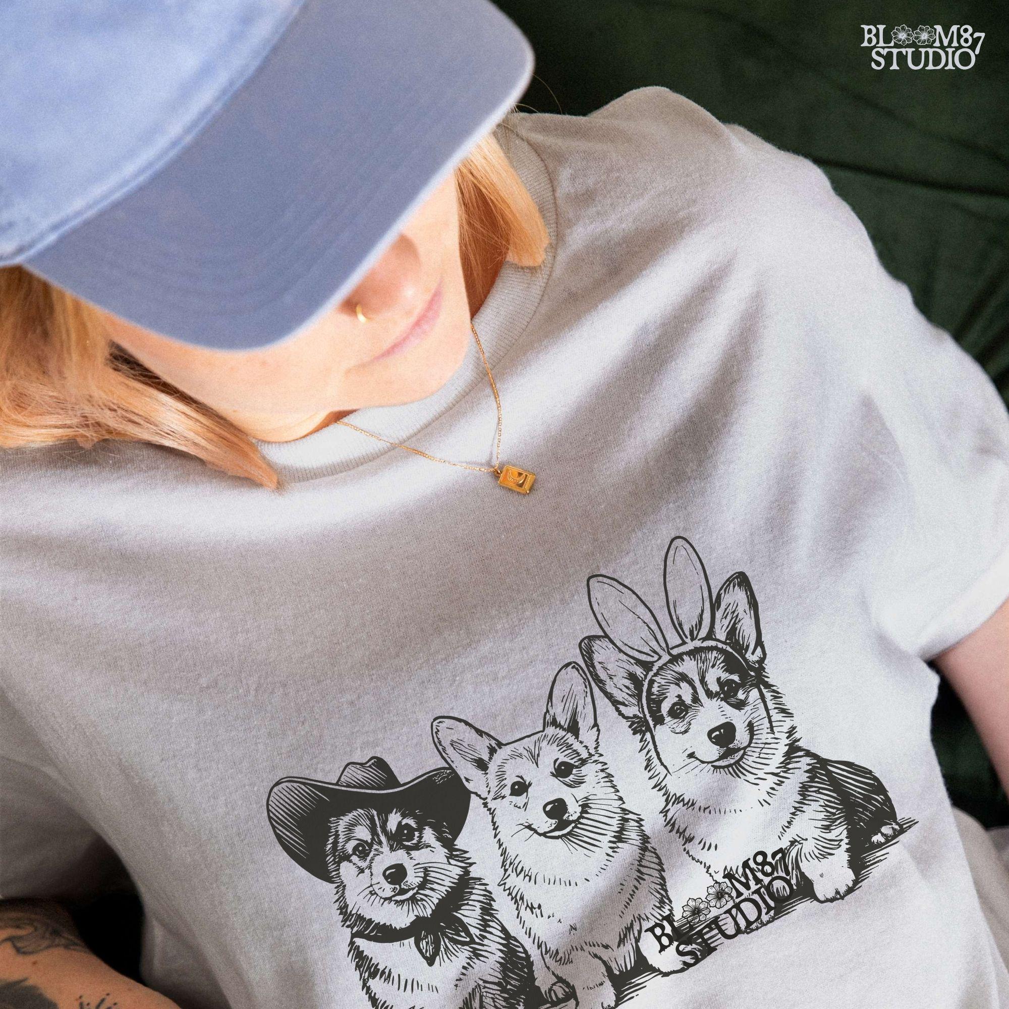 Cowboy bunny corgi PNG, adorable dog design, printable corgi trio, cute pets download file, transparent background dog PNG, Western spring corgis, corgi lovers Easter download