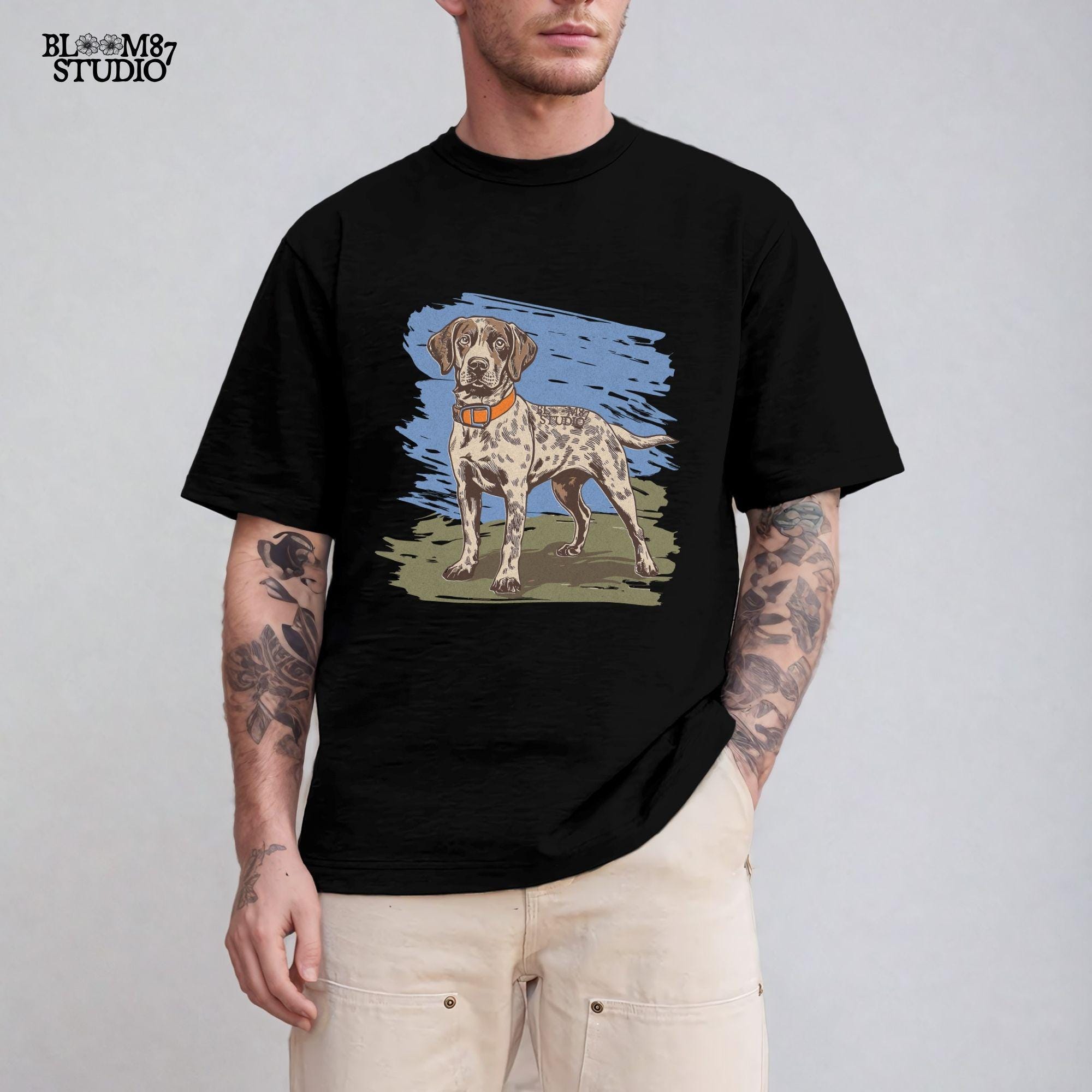 German pointer t-shirt PNG, GSP PNG file for merchandise, printable pointer art for mugs, brown German shorthaired file, high resolution dog PNG, dog breed gift PNG, outdoorsman dog PNG, field dog sticker design, German pointer tumbler transfer, sporting dog printable art, upland field trial dog, country dog hunter gift, rustic pointer breed design, digital art GSP hunter style, digital apparel PNG, realistic pointer clipart