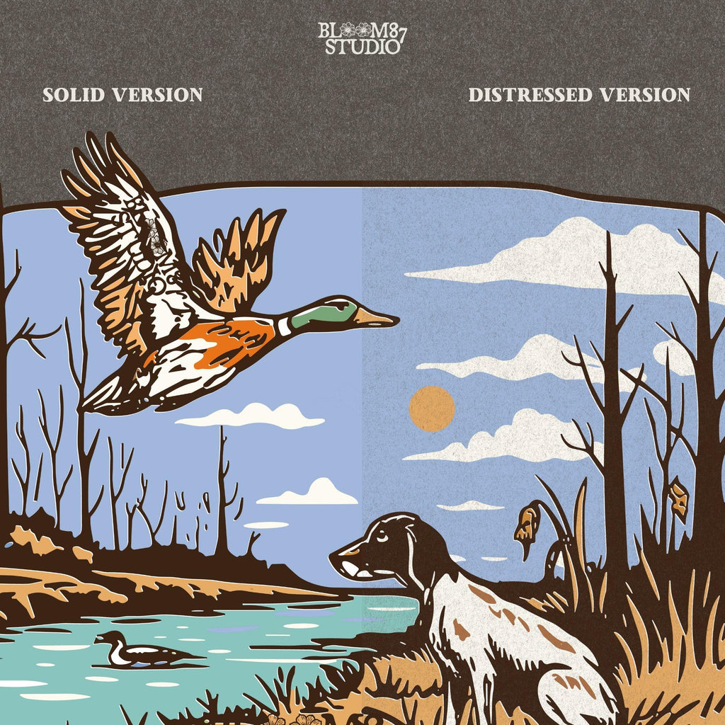 duck and dog scene, pointer hunting dog png, river hunting artwork, printable duck hunt png, dog hunting companion, forest marshland scene, mallard digital file, water hunting layout, flying birds clipart, retriever png
