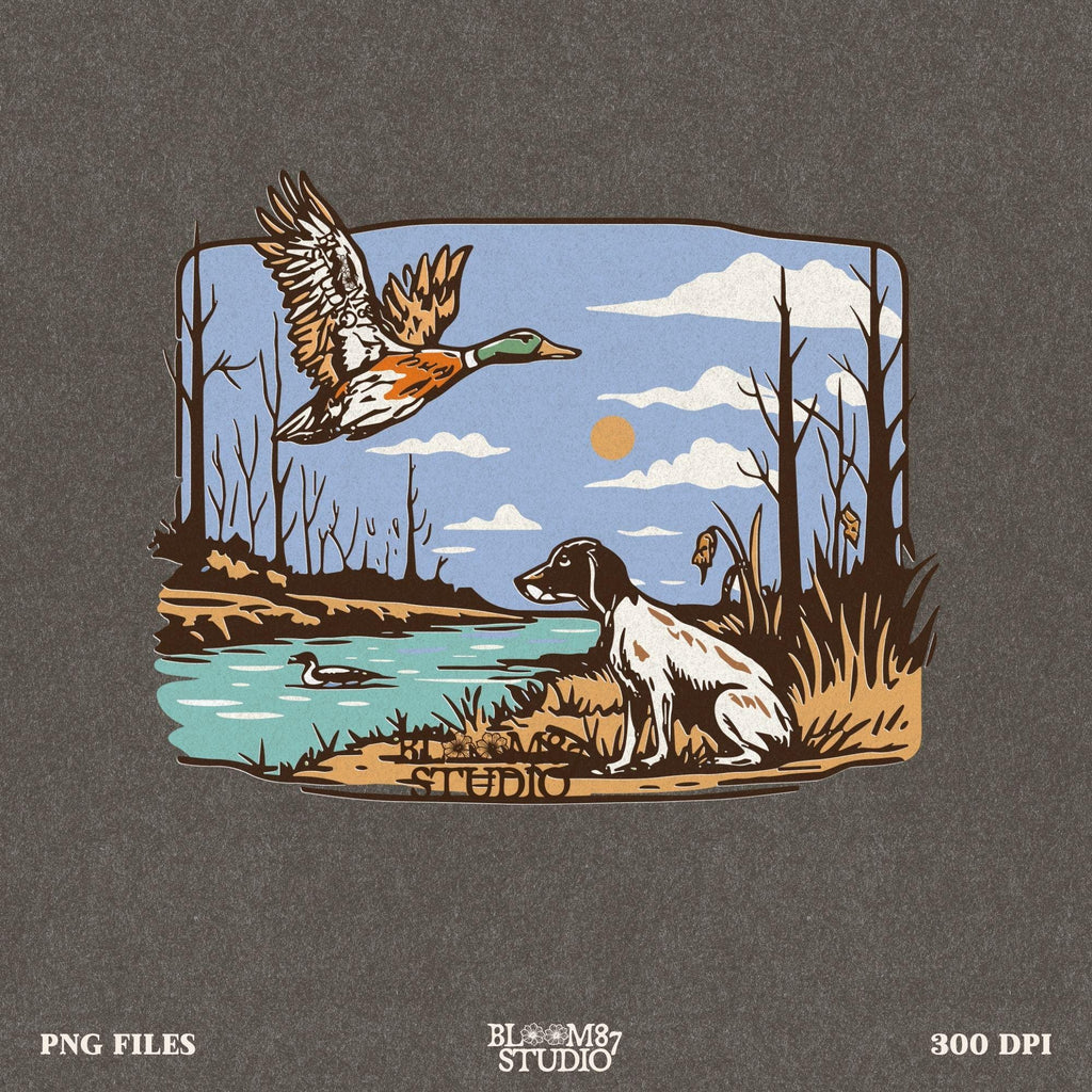 hunting retriever png, mallard duck in flight, rustic hunting art, duck dog clipart, pond with duck and dog, field hunting png, waterfowl digital design, dog waiting to retrieve, flying bird illustration, mallard water art