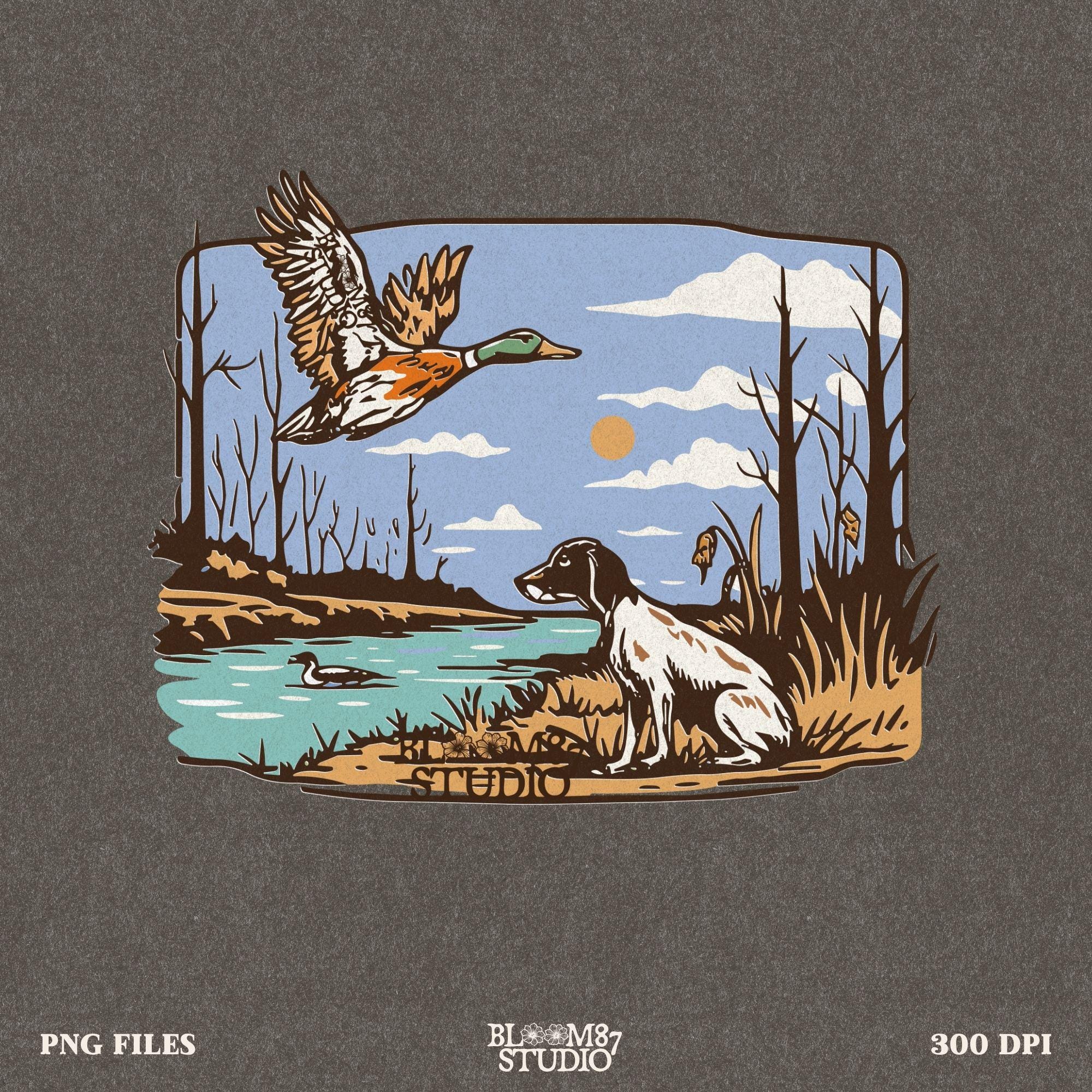 hunting retriever png, mallard duck in flight, rustic hunting art, duck dog clipart, pond with duck and dog, field hunting png, waterfowl digital design, dog waiting to retrieve, flying bird illustration, mallard water art