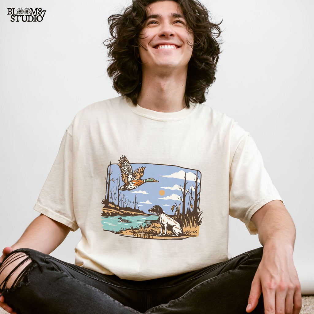 rural nature art png, dog duck pairing clipart, duck hunter decor png, natural wildlife png, mallard flying moment, scenic hunting layout, dog field pose png, bird game hunt printable, hunting vibe png, waterfowl scene