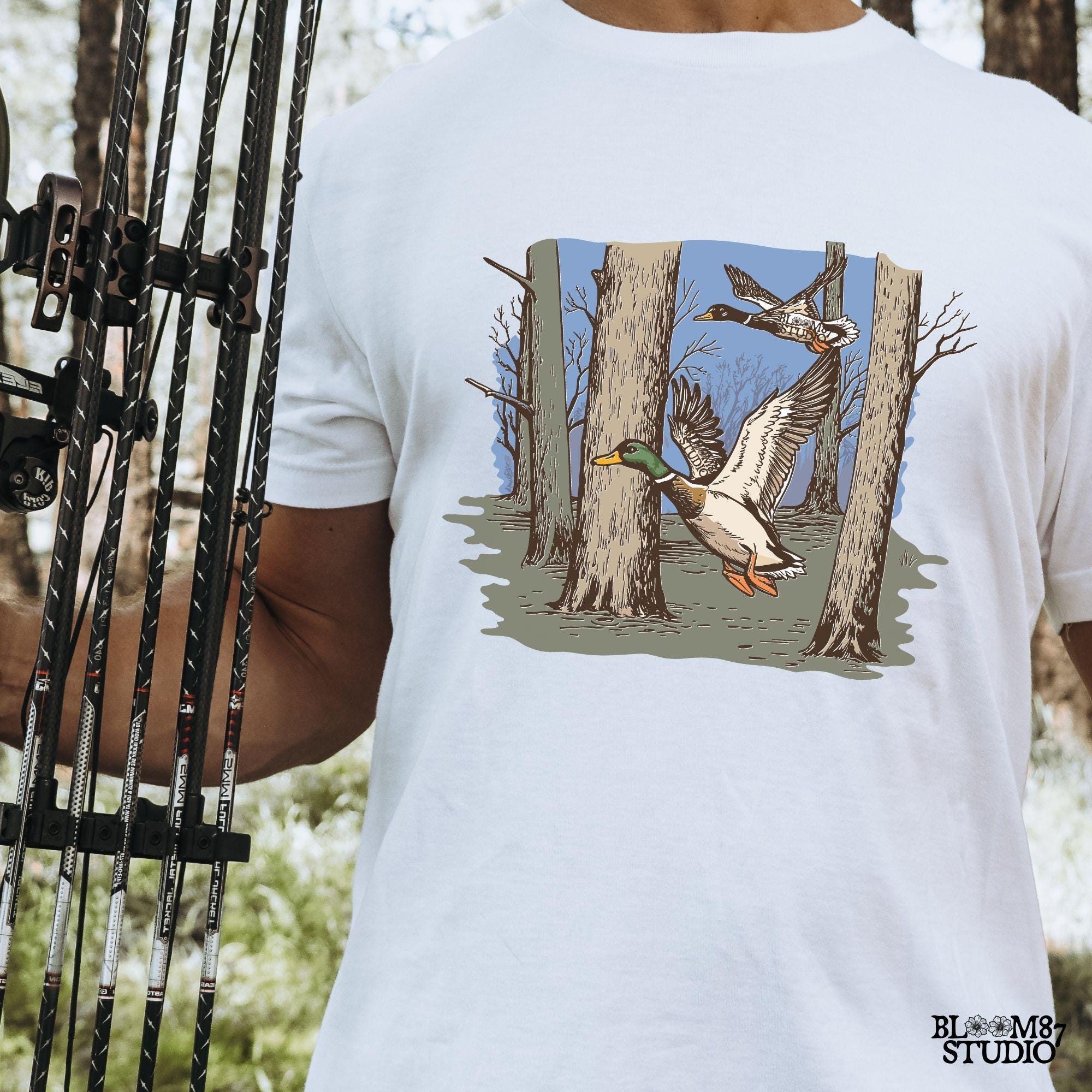 forest duck hunt print, digital duck hunting file, ducks in trees artwork, nature hunt scene png, flying duck graphics, game bird scene png, wild mallards printable, hunting design png, outdoors wildlife art, forest duck flyby