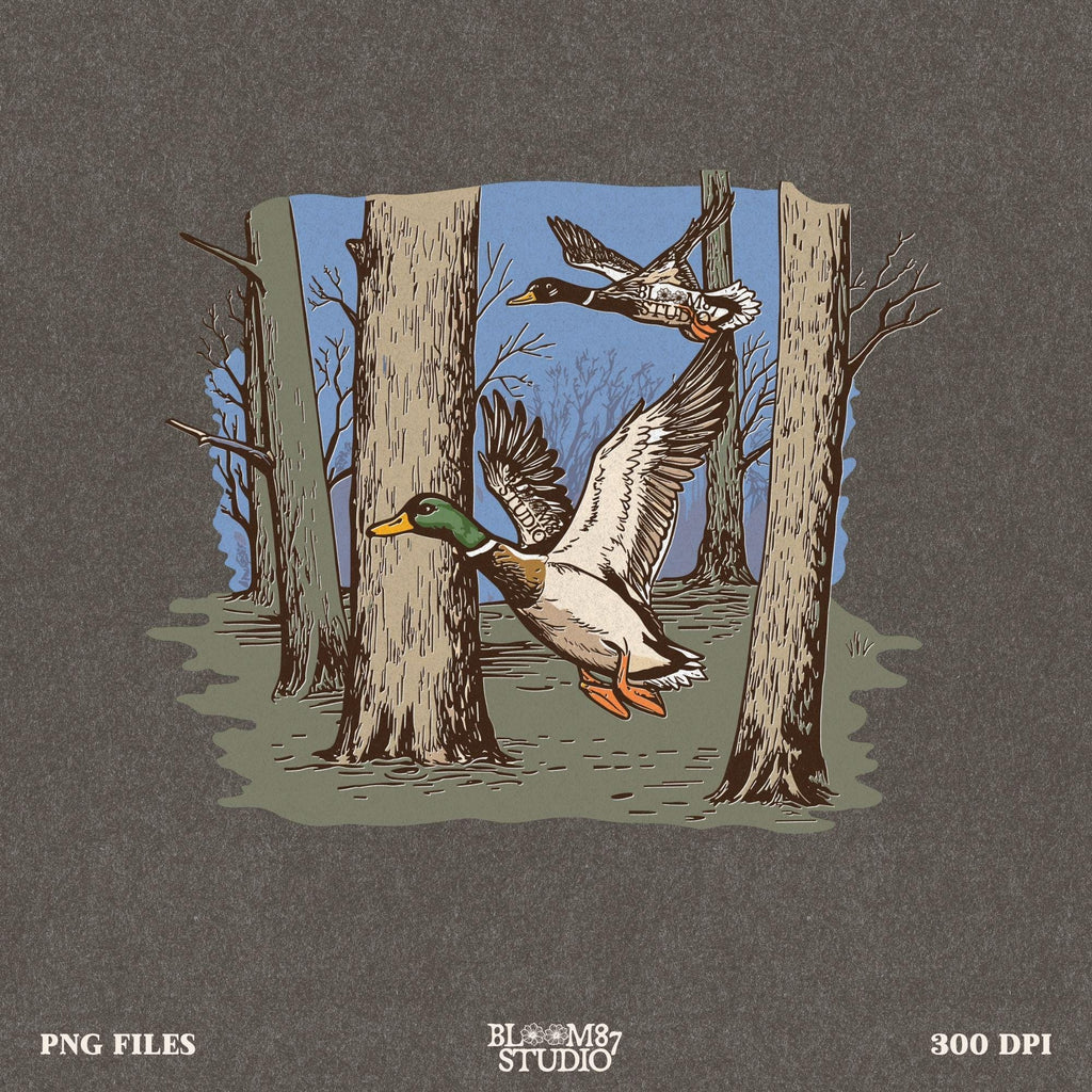 woodland duck hunt art, mallards flying clipart, wild duck forest png, duck pair artwork, forest game birds png, hunting season graphic, digital duck print, flying ducks overhead, upland bird hunting png, mallard tree scene