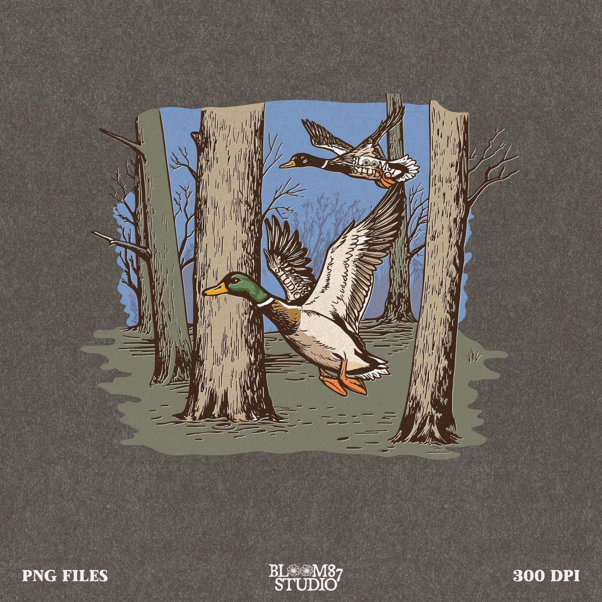 woodland duck hunt art, mallards flying clipart, wild duck forest png, duck pair artwork, forest game birds png, hunting season graphic, digital duck print, flying ducks overhead, upland bird hunting png, mallard tree scene
