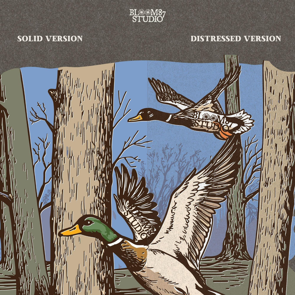 mallard hunting forest, ducks in woods png, tree scene with ducks, printable hunting image, mallard action art, rustic outdoor birds, digital forest bird clipart, hunting pair design png, flying waterfowl art, duck migration file
