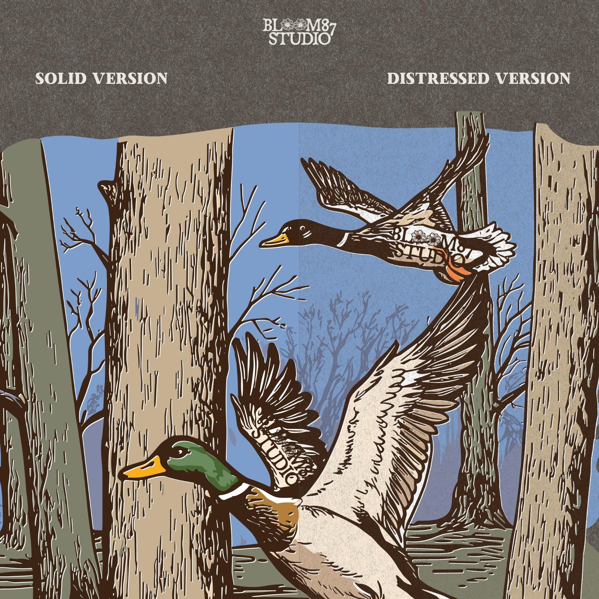 mallard hunting forest, ducks in woods png, tree scene with ducks, printable hunting image, mallard action art, rustic outdoor birds, digital forest bird clipart, hunting pair design png, flying waterfowl art, duck migration file