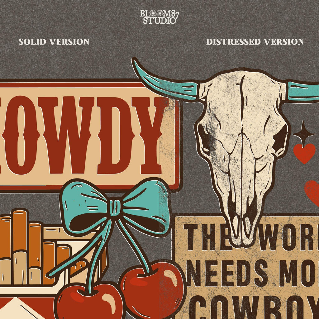 Howdy Western Collage PNG, Trendy Cowgirl Sticker Design, Grunge Wild West PNG, Leopard Lips, Skull Cherry Cowboy PNG, Sublimation Png File