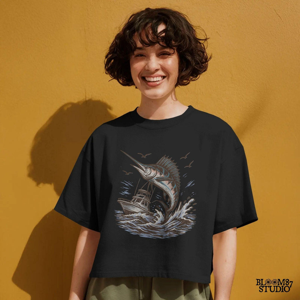 Marlin fishing PNG graphic with jumping marlin and offshore boat, deep sea fishing sublimation design for anglers and tournament shirts