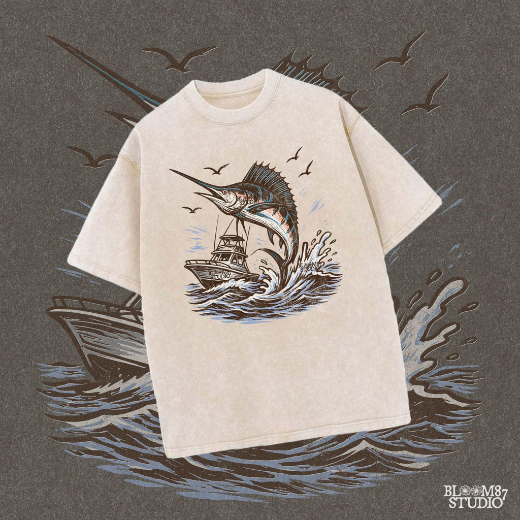 Marlin fishing PNG graphic with jumping marlin and offshore boat, deep sea fishing sublimation design for anglers and tournament shirts