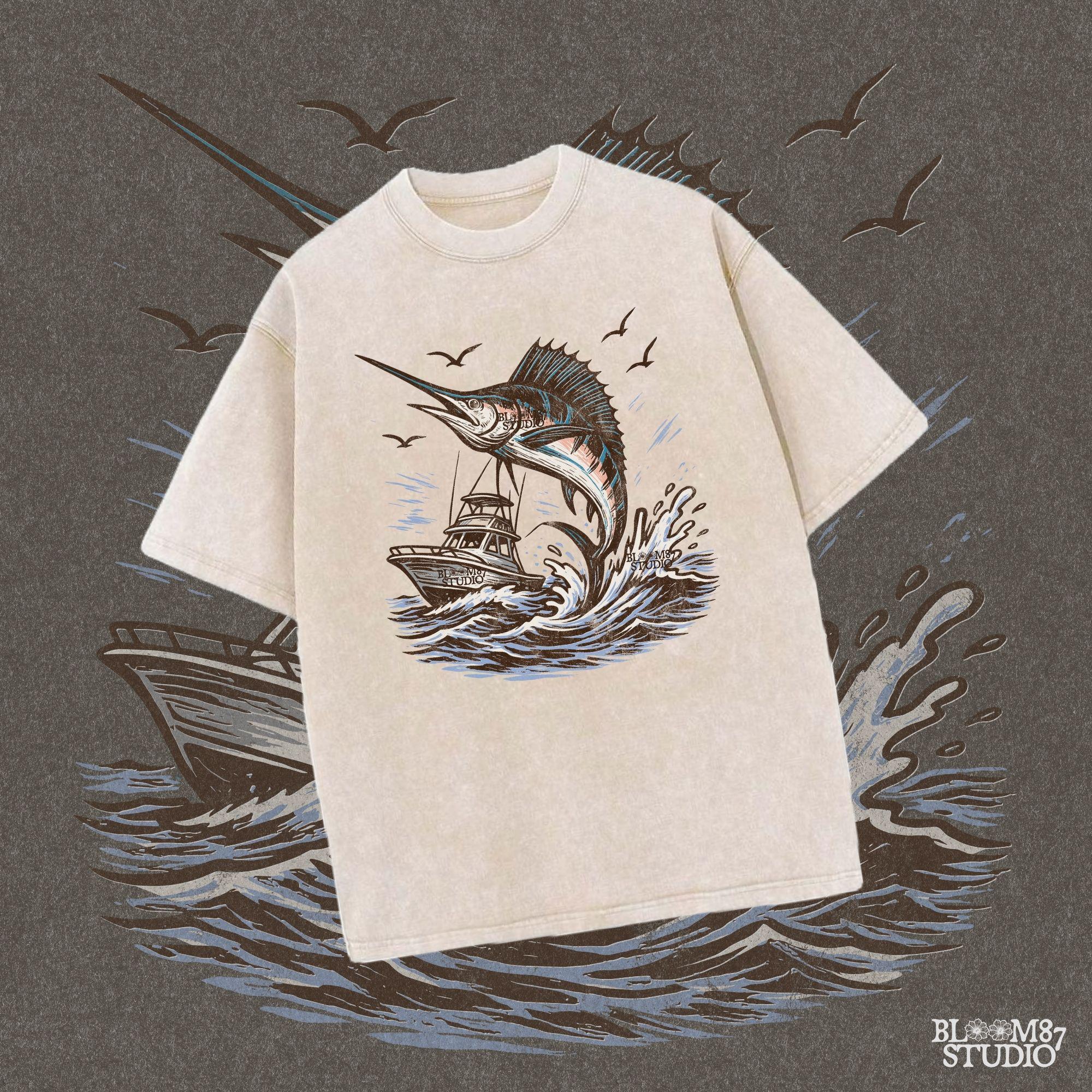 Marlin fishing PNG graphic with jumping marlin and offshore boat, deep sea fishing sublimation design for anglers and tournament shirts
