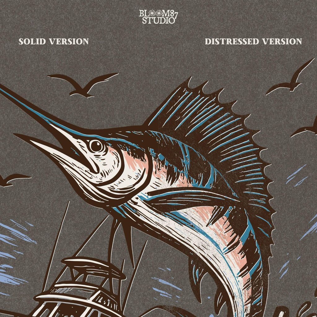 Marlin fishing PNG graphic with jumping marlin and offshore boat, deep sea fishing sublimation design for anglers and tournament shirts