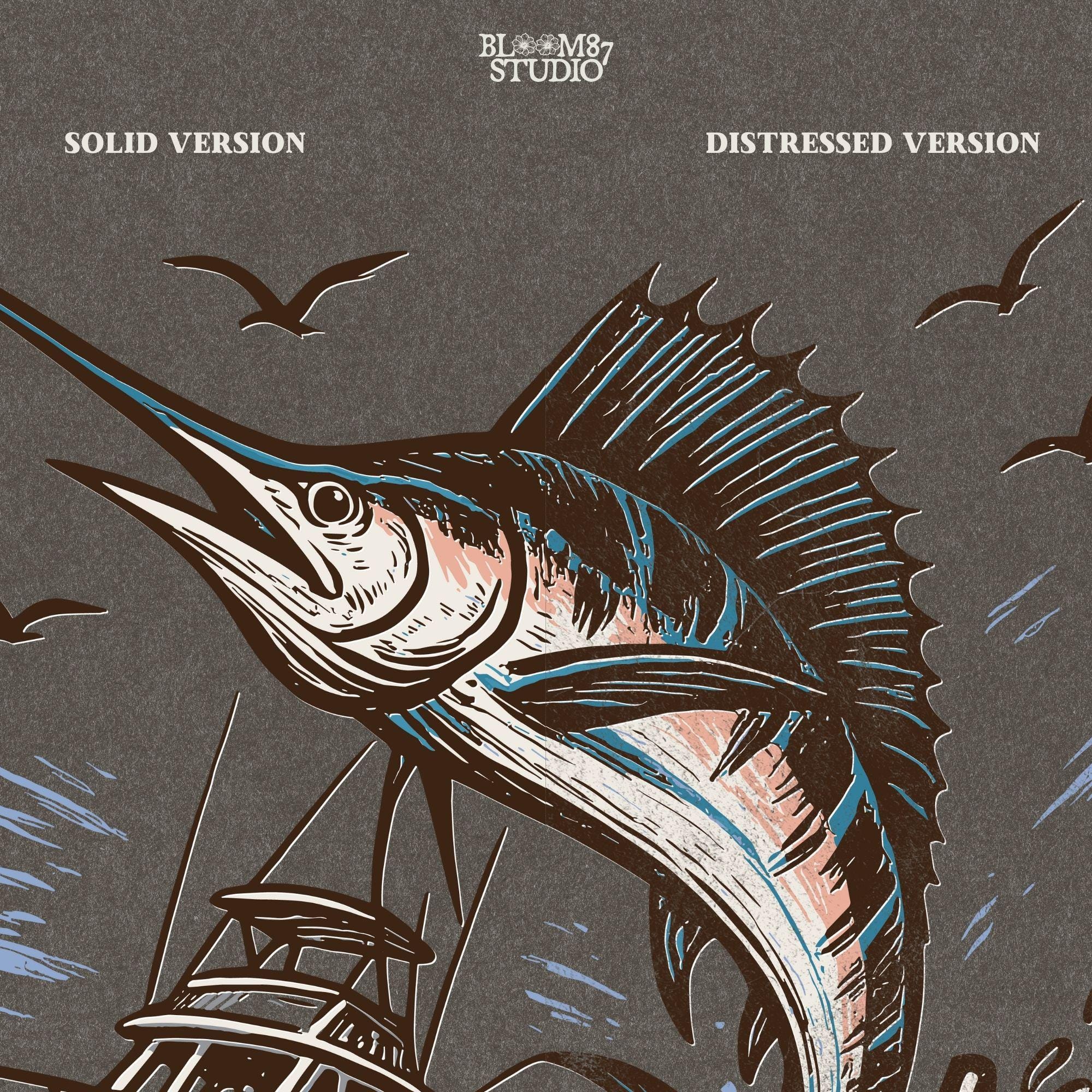 Marlin fishing PNG graphic with jumping marlin and offshore boat, deep sea fishing sublimation design for anglers and tournament shirts