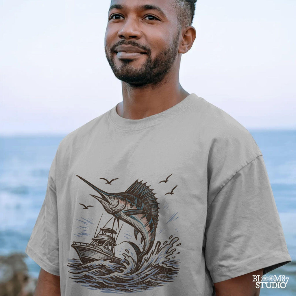 Marlin fishing PNG graphic with jumping marlin and offshore boat, deep sea fishing sublimation design for anglers and tournament shirts