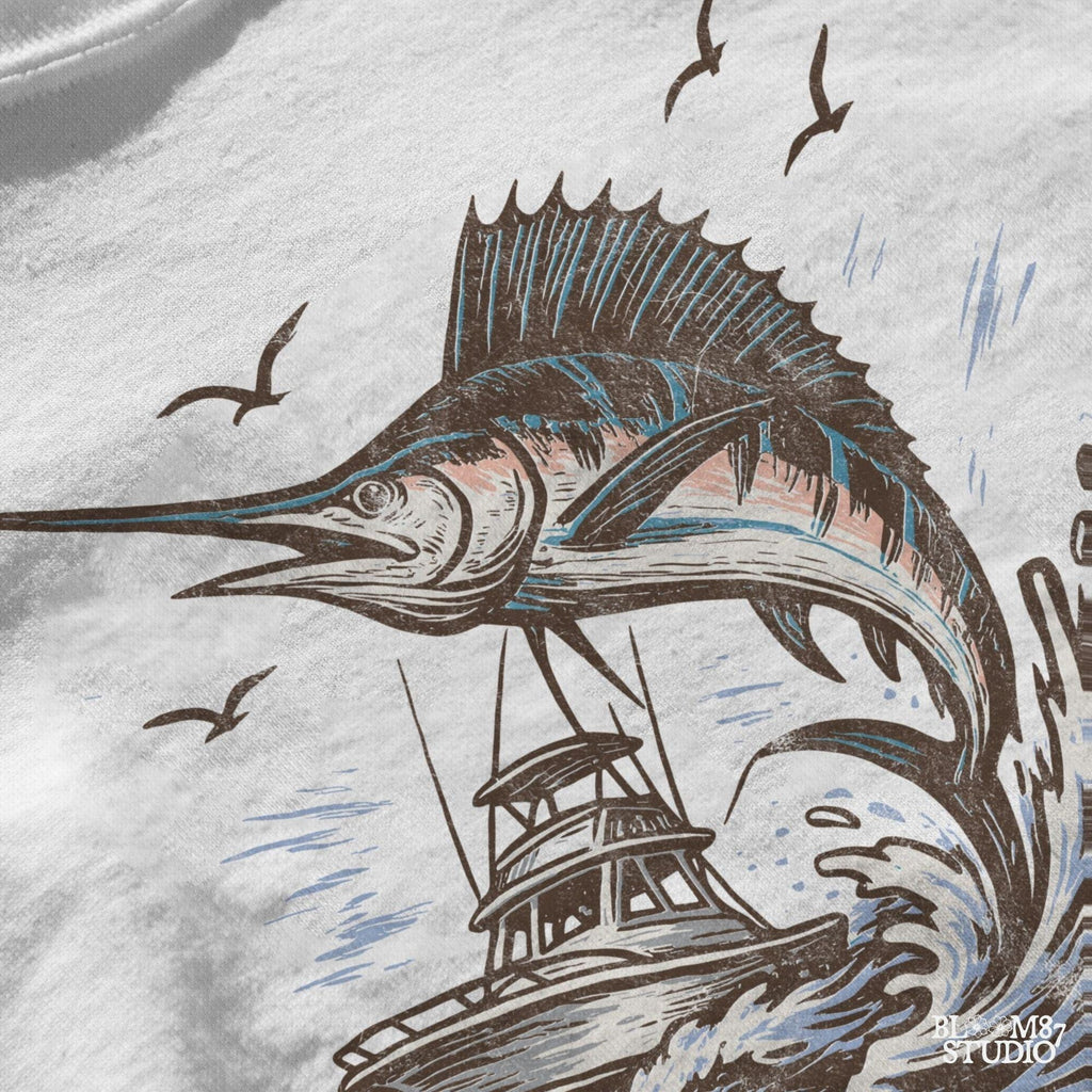 Marlin fishing PNG graphic with jumping marlin and offshore boat, deep sea fishing sublimation design for anglers and tournament shirts