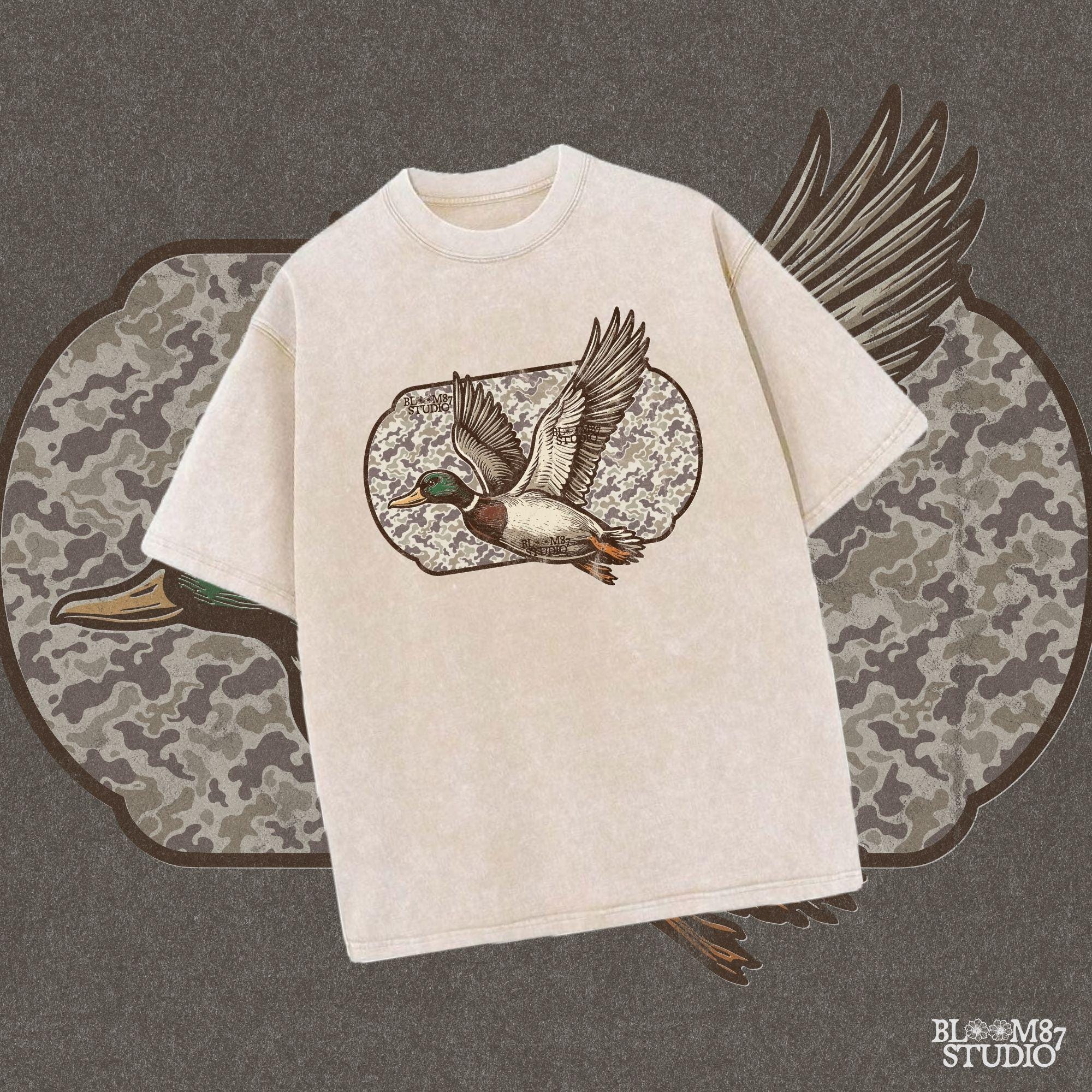 "Camo duck png for hunting shirt sublimation, mallard flying graphic, southern outdoor design"