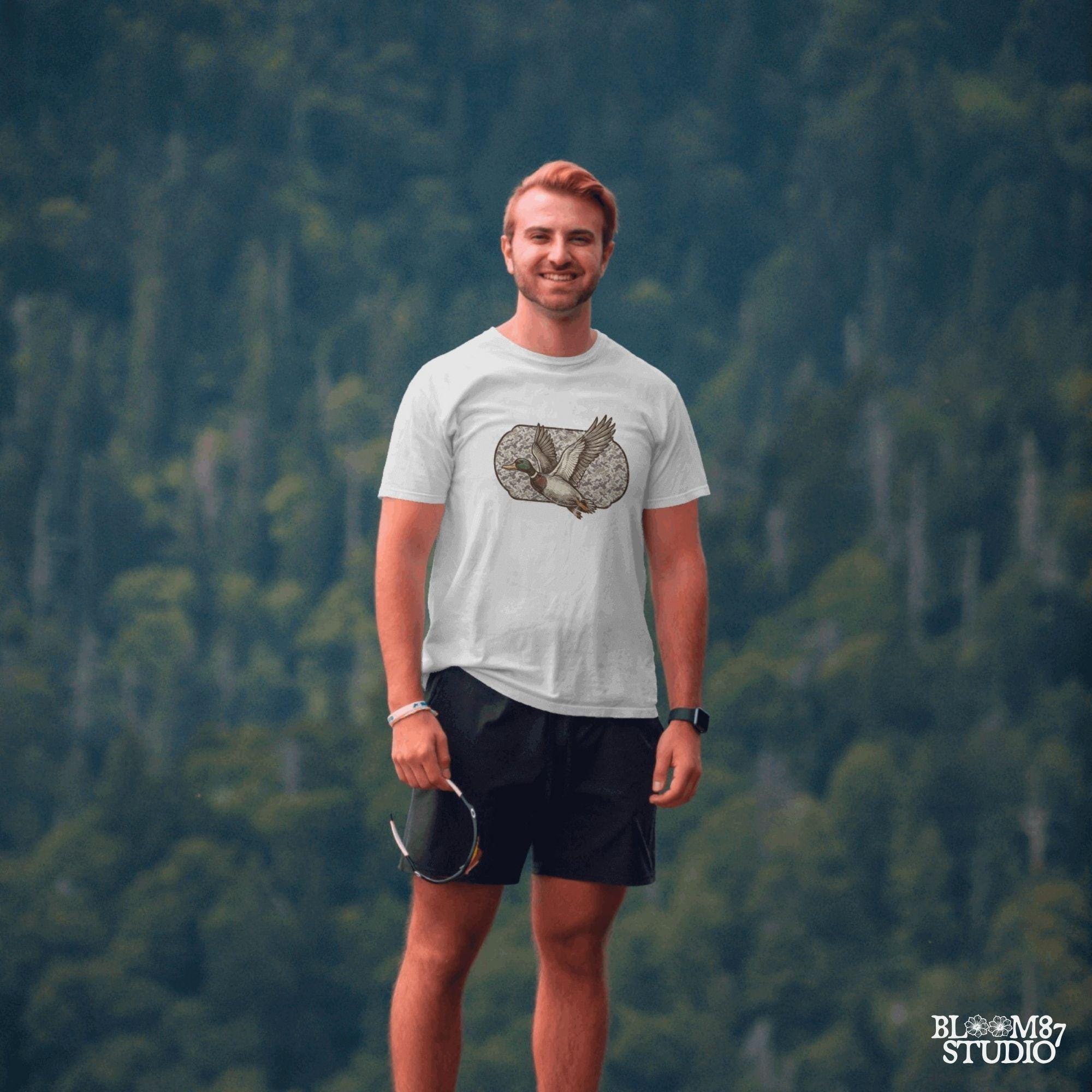 "Camo duck png for hunting shirt sublimation, mallard flying graphic, southern outdoor design"