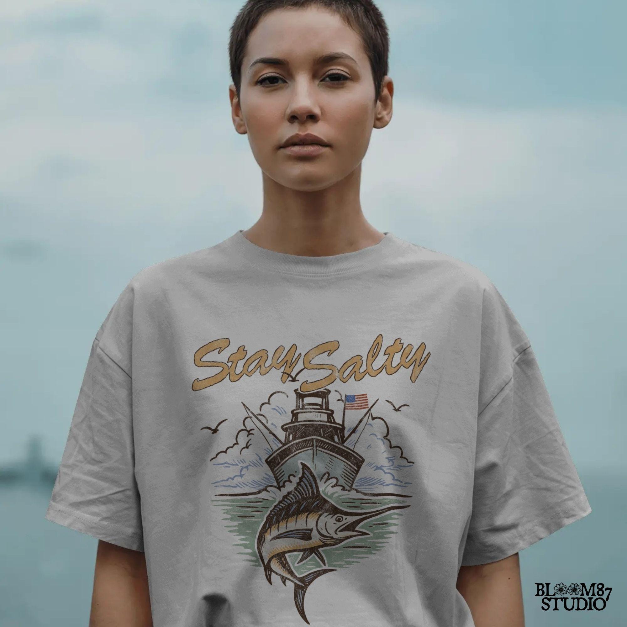 "Stay Salty PNG with marlin fish and offshore fishing boat, perfect for saltwater fishing shirts, beach gift sublimation, and nautical apparel"