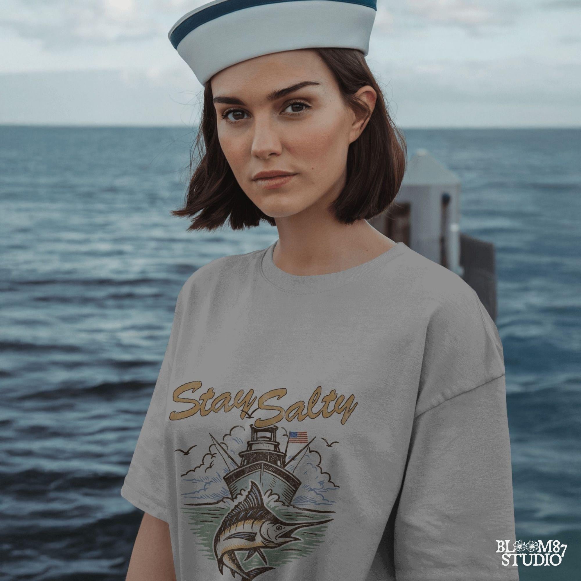 "Stay Salty PNG with marlin fish and offshore fishing boat, perfect for saltwater fishing shirts, beach gift sublimation, and nautical apparel"