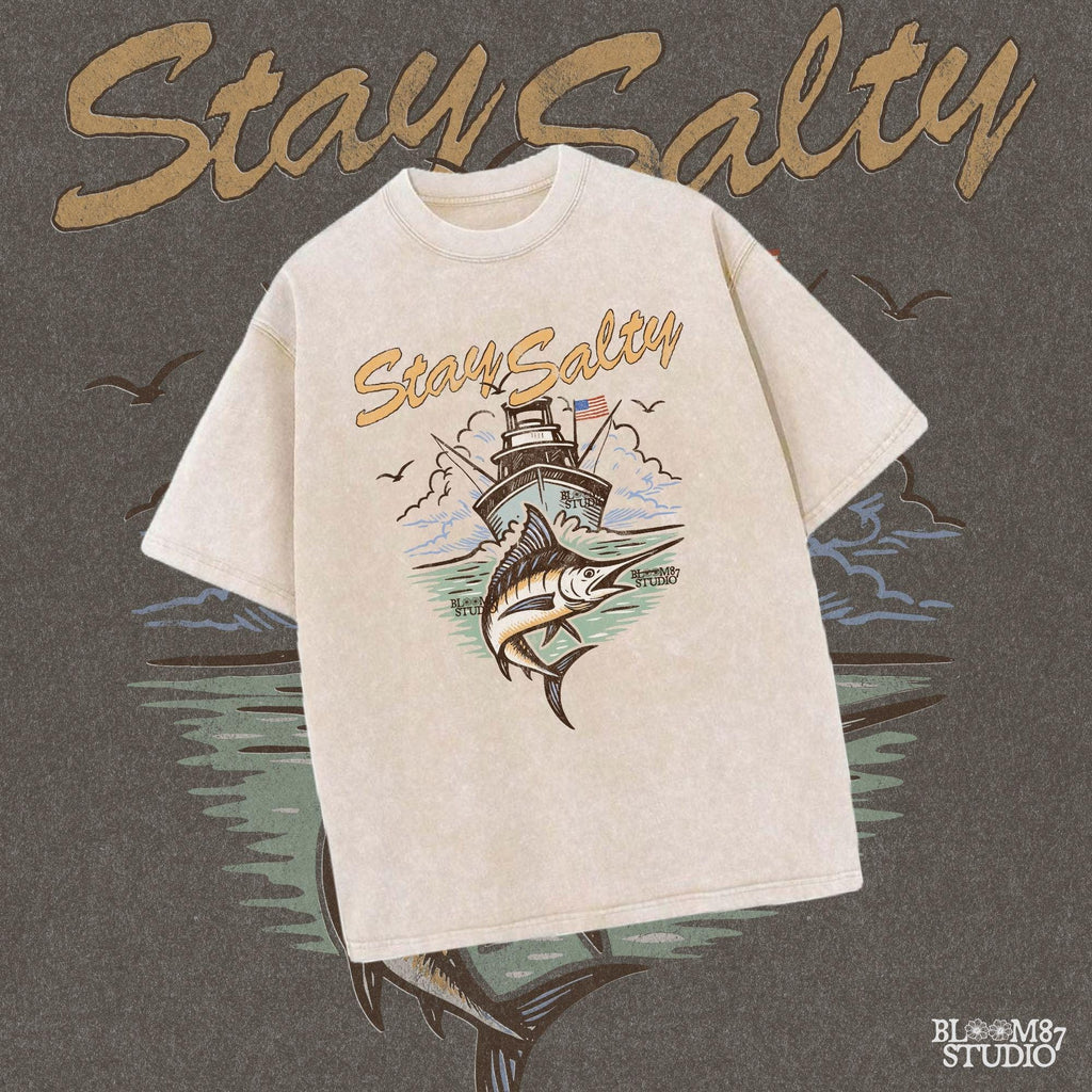 "Stay Salty PNG with marlin fish and offshore fishing boat, perfect for saltwater fishing shirts, beach gift sublimation, and nautical apparel"