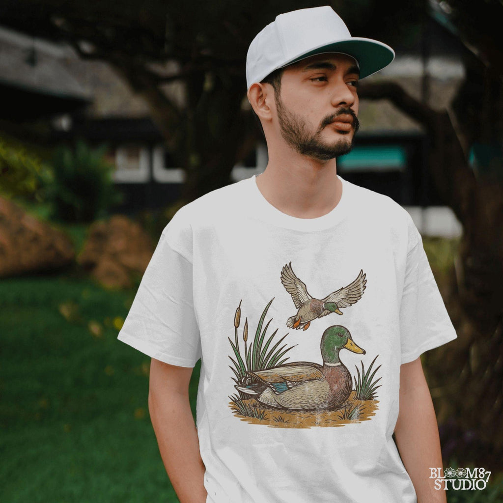 "Vintage mallard duck clipart PNG with flying and sitting ducks in marsh scene, perfect for duck hunting shirt sublimation or rustic wildlife designs"