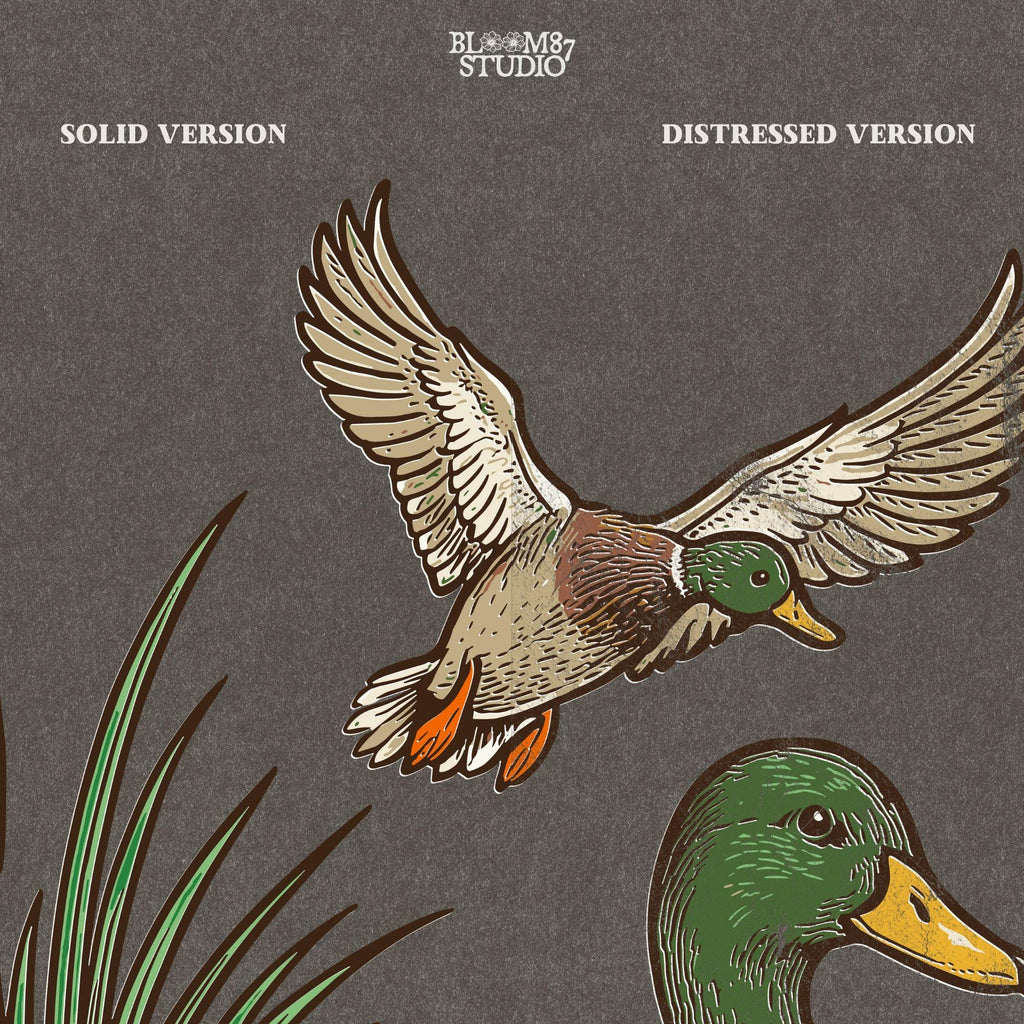 "Vintage mallard duck clipart PNG with flying and sitting ducks in marsh scene, perfect for duck hunting shirt sublimation or rustic wildlife designs"