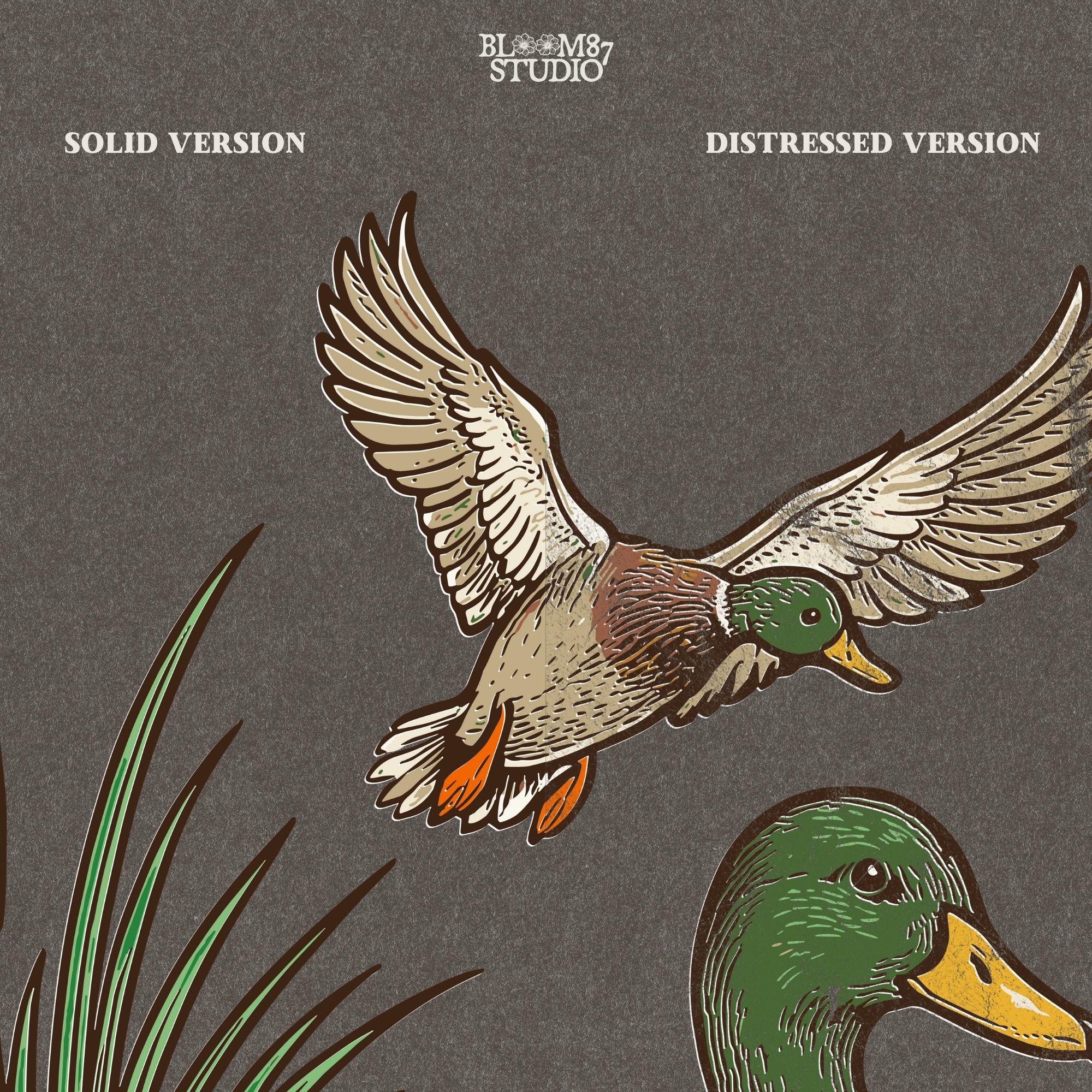 "Vintage mallard duck clipart PNG with flying and sitting ducks in marsh scene, perfect for duck hunting shirt sublimation or rustic wildlife designs"