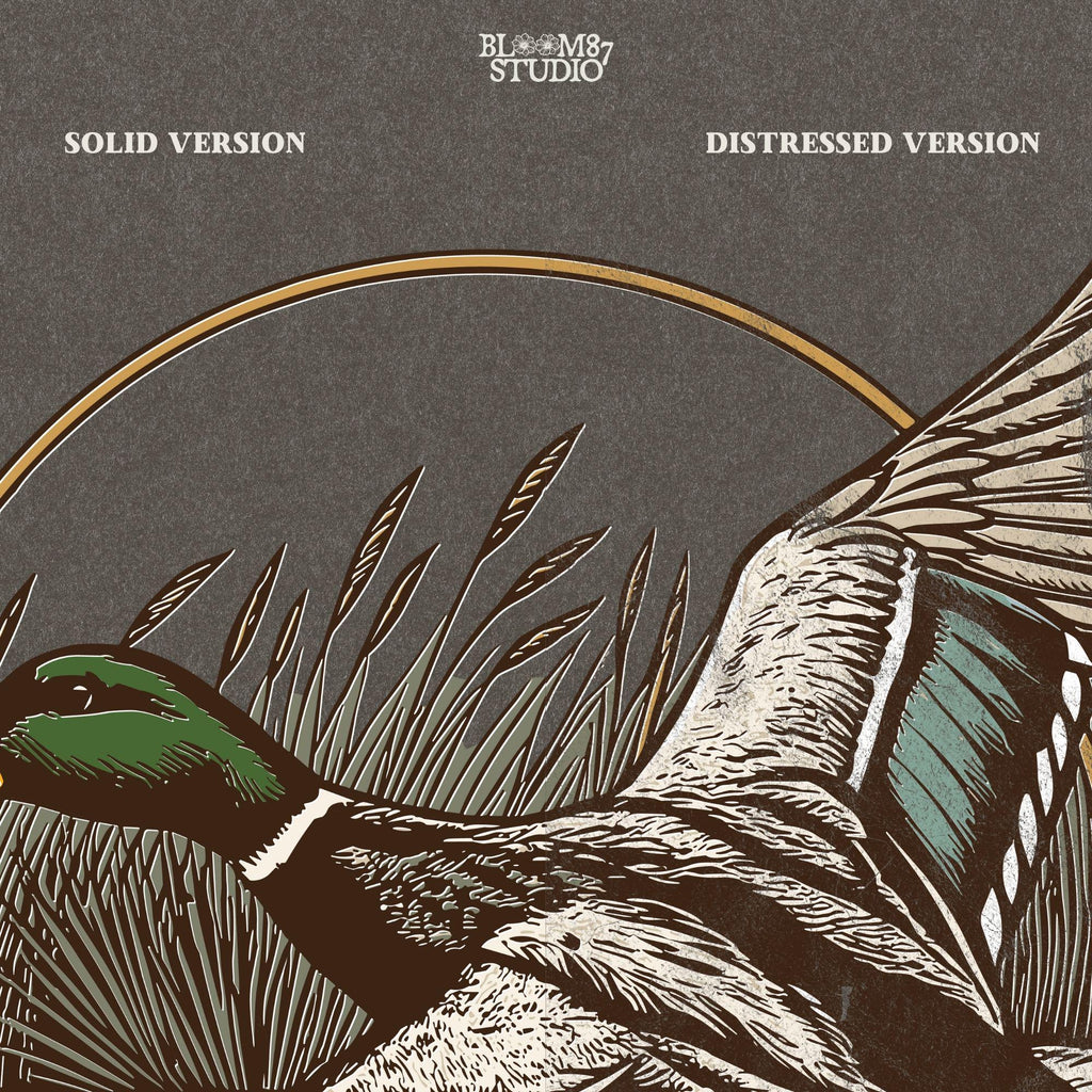 "Vintage flying mallard duck PNG clipart in marsh scene, rustic wildlife sublimation design for duck hunting shirts and outdoor gear"