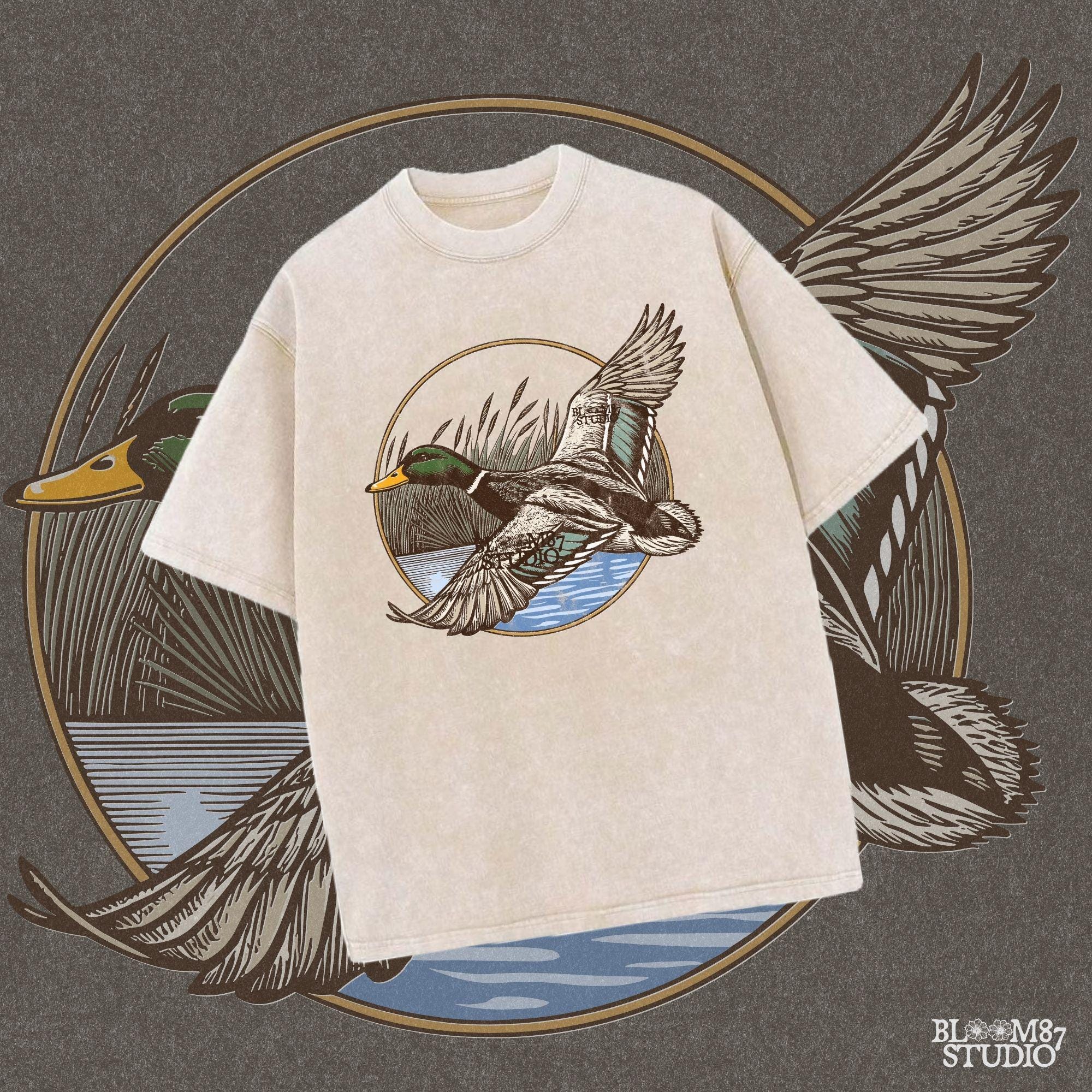 "Vintage flying mallard duck PNG clipart in marsh scene, rustic wildlife sublimation design for duck hunting shirts and outdoor gear"