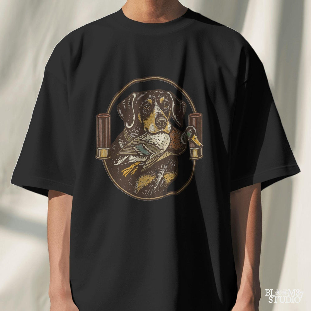 "Duck hunting dog PNG with mallard and shotgun shells, vintage retriever badge style sublimation for hunting shirt designs"