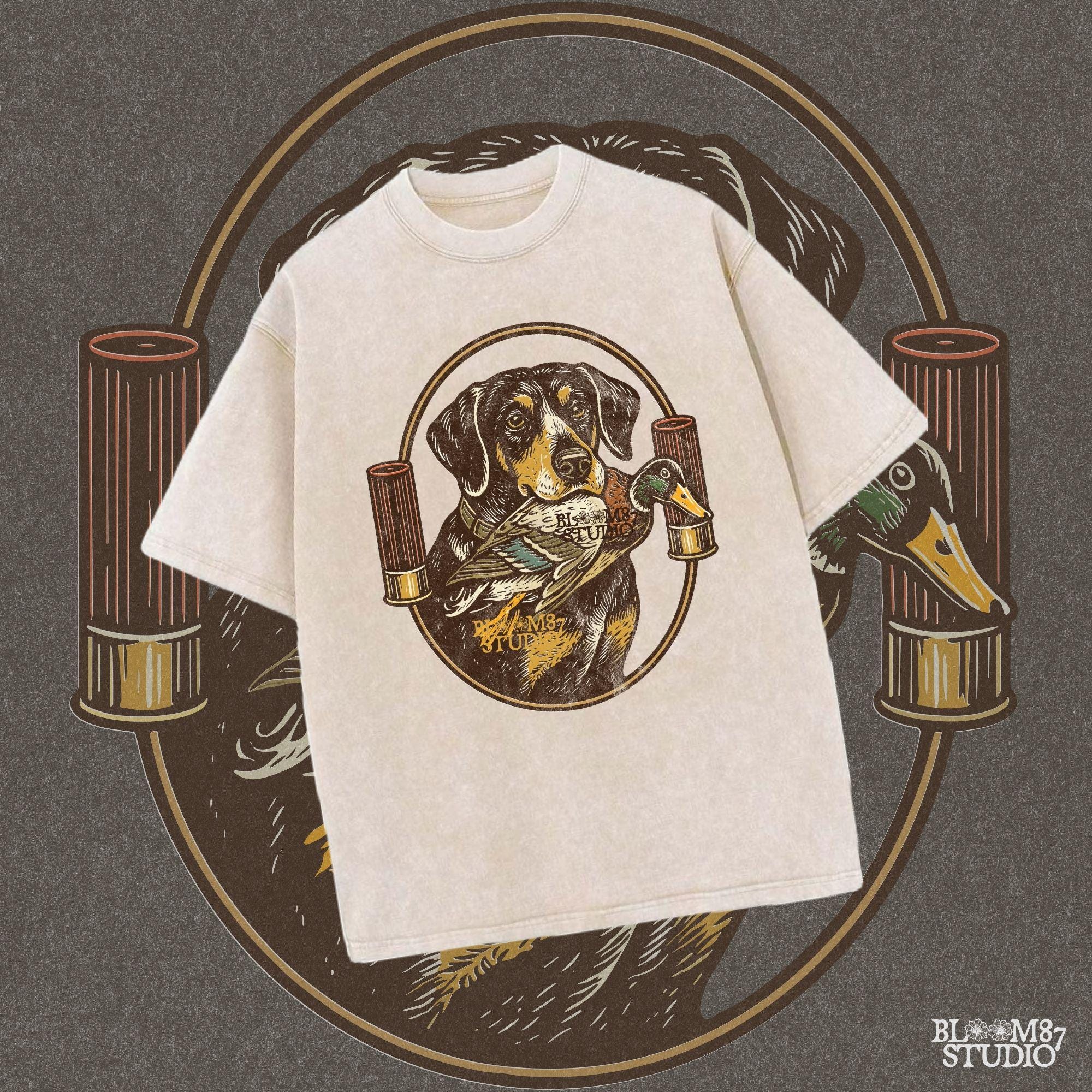 "Duck hunting dog PNG with mallard and shotgun shells, vintage retriever badge style sublimation for hunting shirt designs"