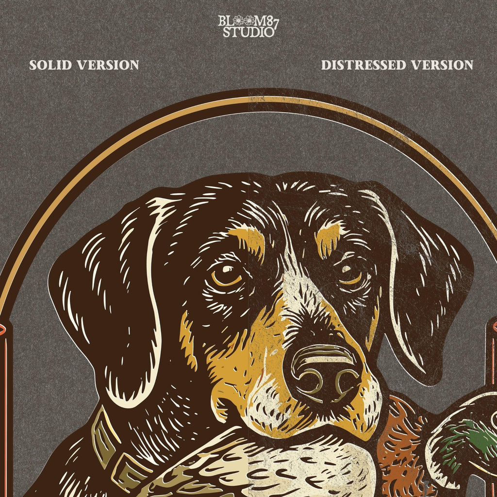 "Duck hunting dog PNG with mallard and shotgun shells, vintage retriever badge style sublimation for hunting shirt designs"